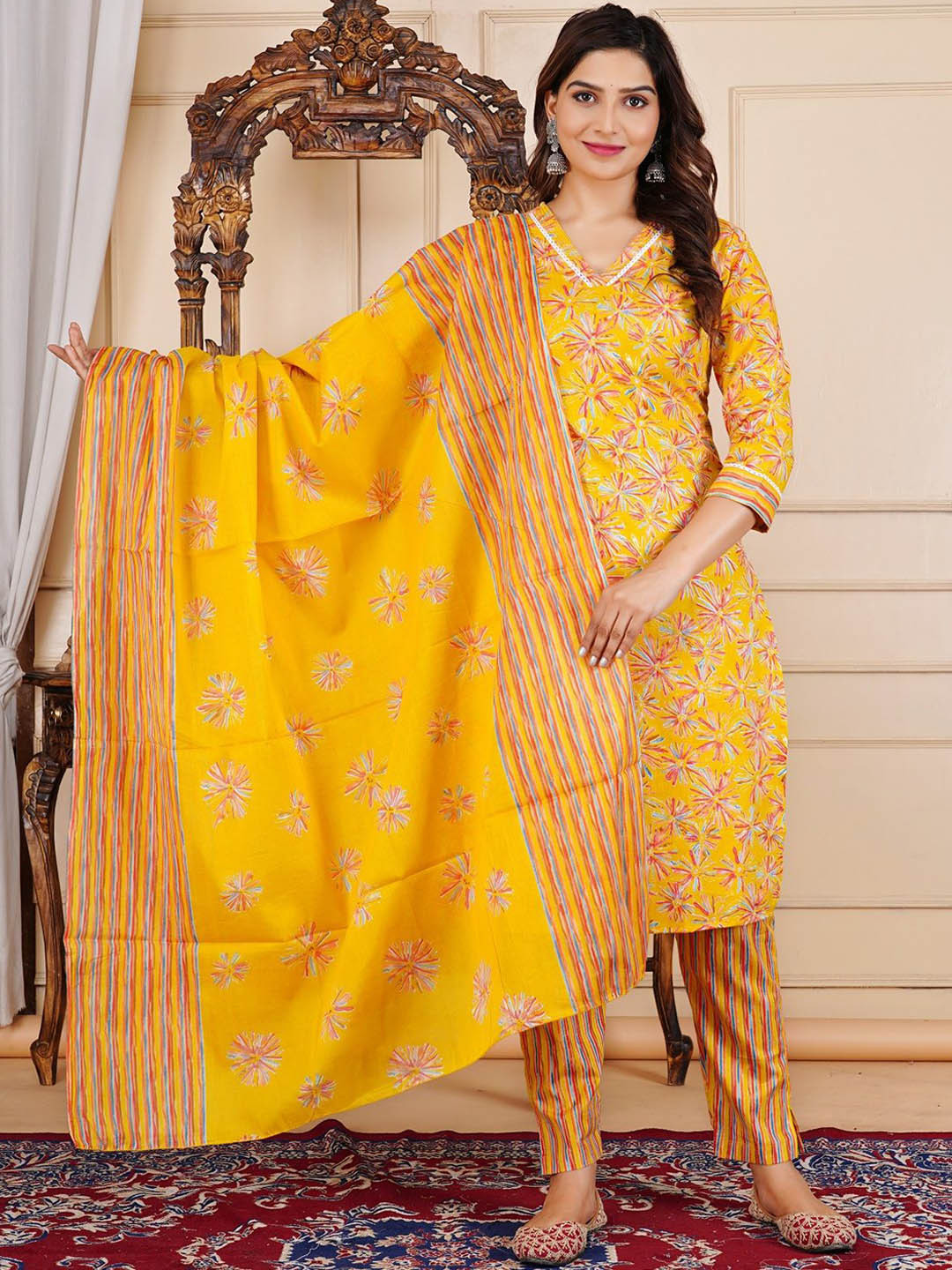 RAJPUTANA CAMISA Floral Printed V-Neck Pure Cotton Straight Kurta With Trousers & Dupatta, Yellow
RAJPUTANA CAMISA Floral Printed V-Neck Pure Cotton Straight Kurta With Trousers & Dupatta, Yellow