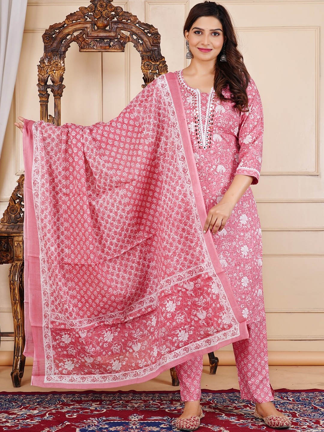 RAJPUTANA CAMISA Floral Printed Pure Cotton Straight Kurta With Pyjamas & Dupatta, Pink
RAJPUTANA CAMISA Floral Printed Pure Cotton Straight Kurta With Pyjamas & Dupatta, Pink