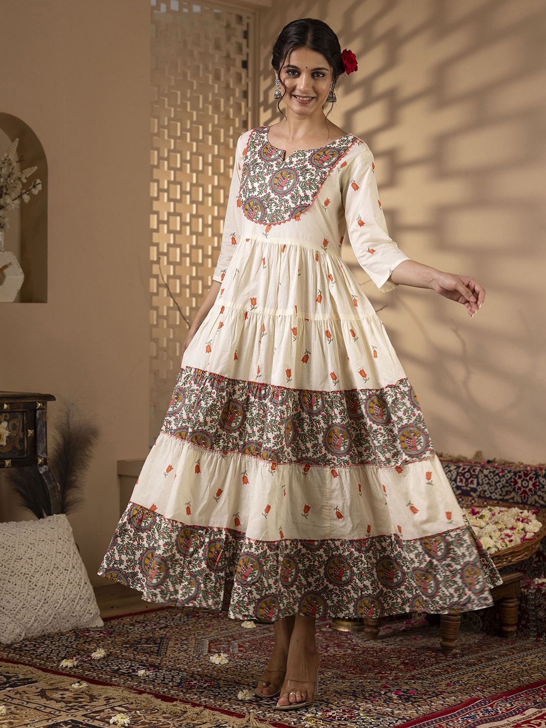 GULMOHAR JAIPUR Notch Neck Floral Printed Thread Work Cotton Anarkali Kurta, White
GULMOHAR JAIPUR Notch Neck Floral Printed Thread Work Cotton Anarkali Kurta, White