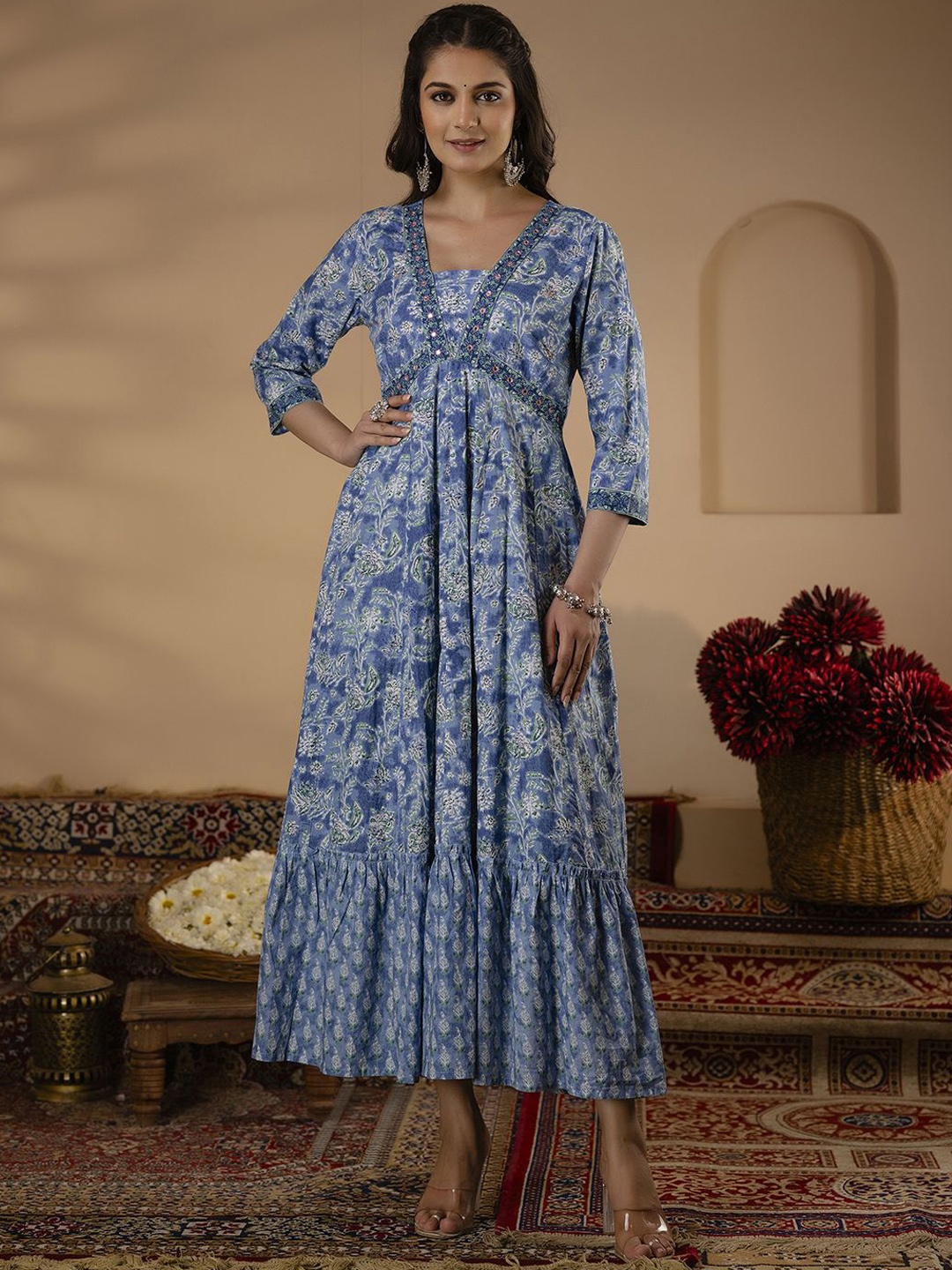 GULMOHAR JAIPUR Ethnic Motifs Printed Mirror Work Tiered Cotton Anarkali Kurta, Blue
GULMOHAR JAIPUR Ethnic Motifs Printed Mirror Work Tiered Cotton Anarkali Kurta, Blue