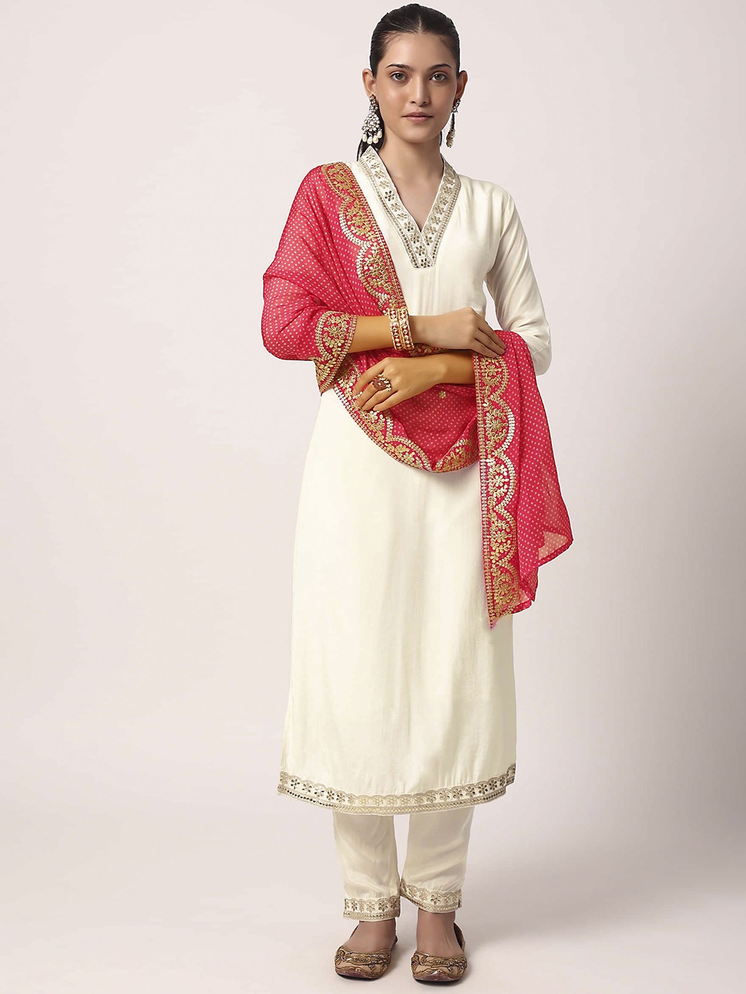 KALINI Yoke Design Regular Thread Work Chanderi Cotton Kurta ,Trousers & Dupatta, Off white
KALINI Yoke Design Regular Thread Work Chanderi Cotton Kurta ,Trousers & Dupatta, Off white