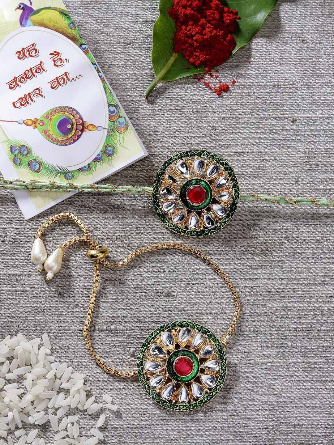 NVR Set of 2 Kundan-Studded Rakhis With Chocolate & Greeting Card with Roli Chawal, Gold
NVR Set of 2 Kundan-Studded Rakhis With Chocolate & Greeting Card with Roli Chawal, Gold