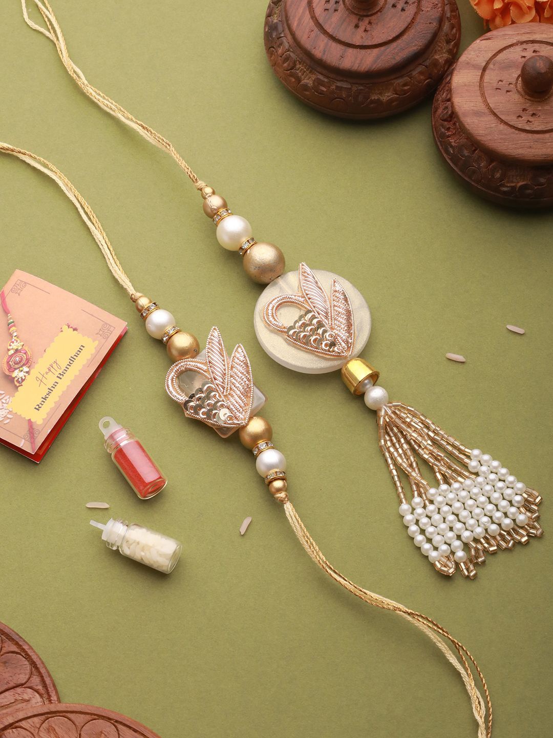 Saraf RS Jewellery Set Of 2 Zardozi Beaded Lumba Rakhis with Roli Chawal & Greeting Card, White
Saraf RS Jewellery Set Of 2 Zardozi Beaded Lumba Rakhis with Roli Chawal & Greeting Card, White