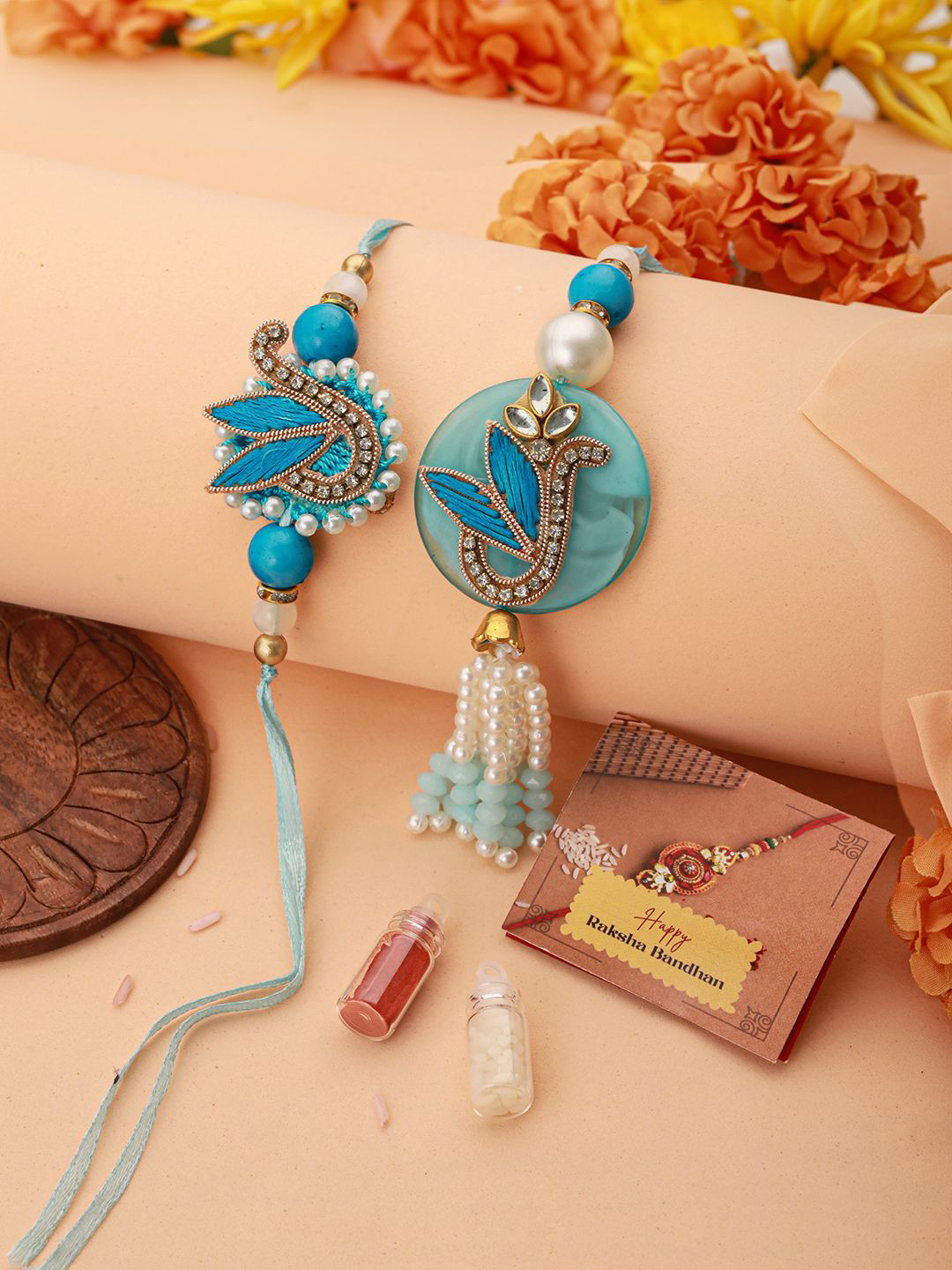 Saraf RS Jewellery Set Of 2 AD Beaded Lumba Rakhi With Roli Tilak & Greeting Card, Blue
Saraf RS Jewellery Set Of 2 AD Beaded Lumba Rakhi With Roli Tilak & Greeting Card, Blue
