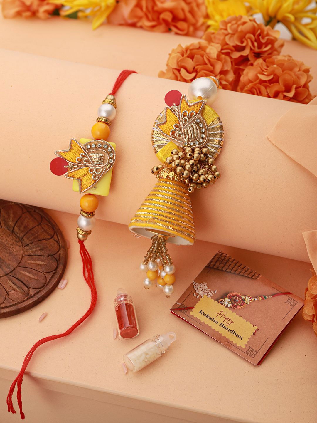 Saraf RS Jewellery Set of 2 Zardozi Beaded Rakhis With Roli Chawal & Greeting Card, Yellow
Saraf RS Jewellery Set of 2 Zardozi Beaded Rakhis With Roli Chawal & Greeting Card, Yellow