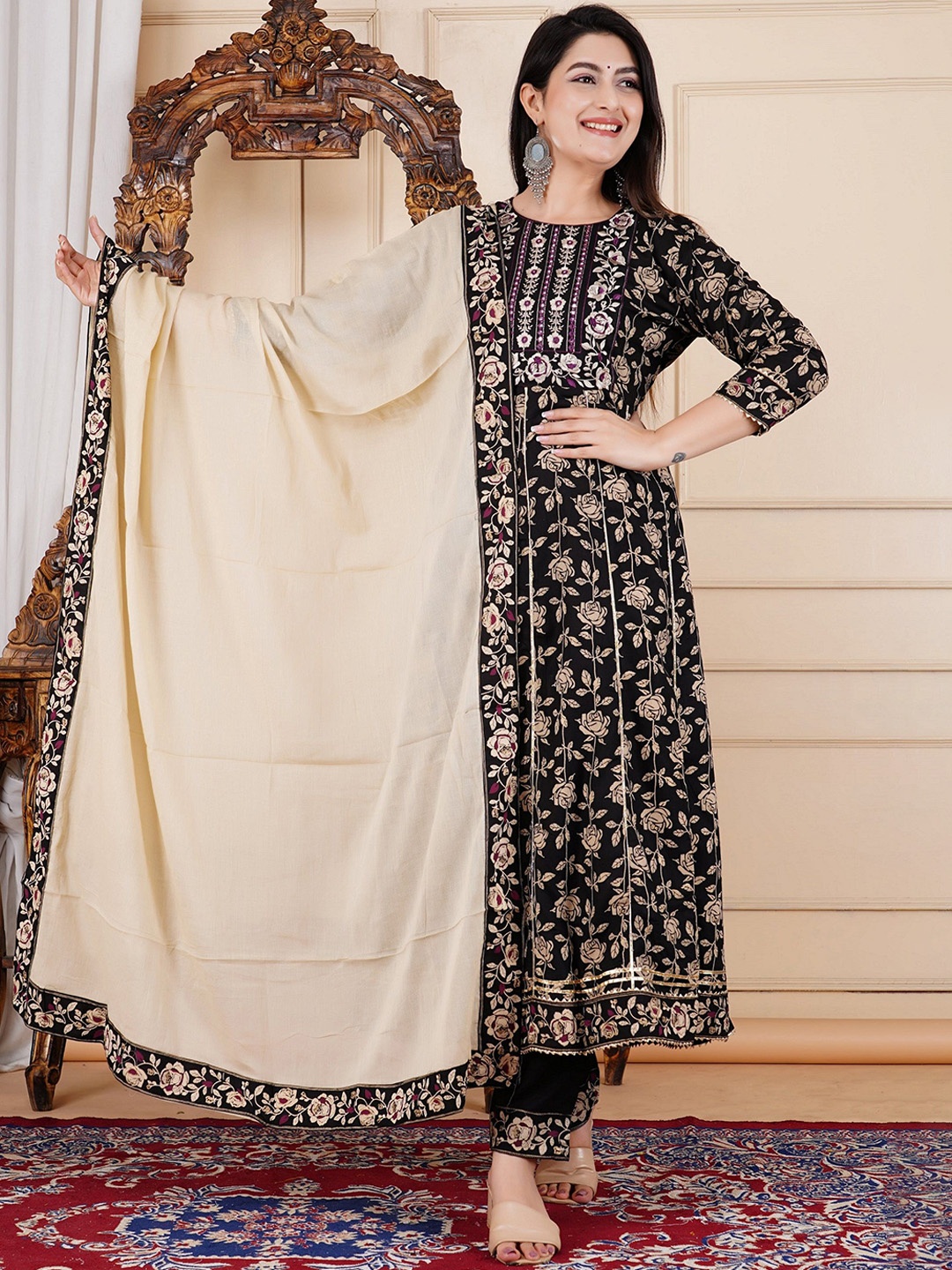 KALINI Floral Printed Kantha Work Pure Cotton Anarkali Kurta With Trousers & Dupatta, Black
KALINI Floral Printed Kantha Work Pure Cotton Anarkali Kurta With Trousers & Dupatta, Black