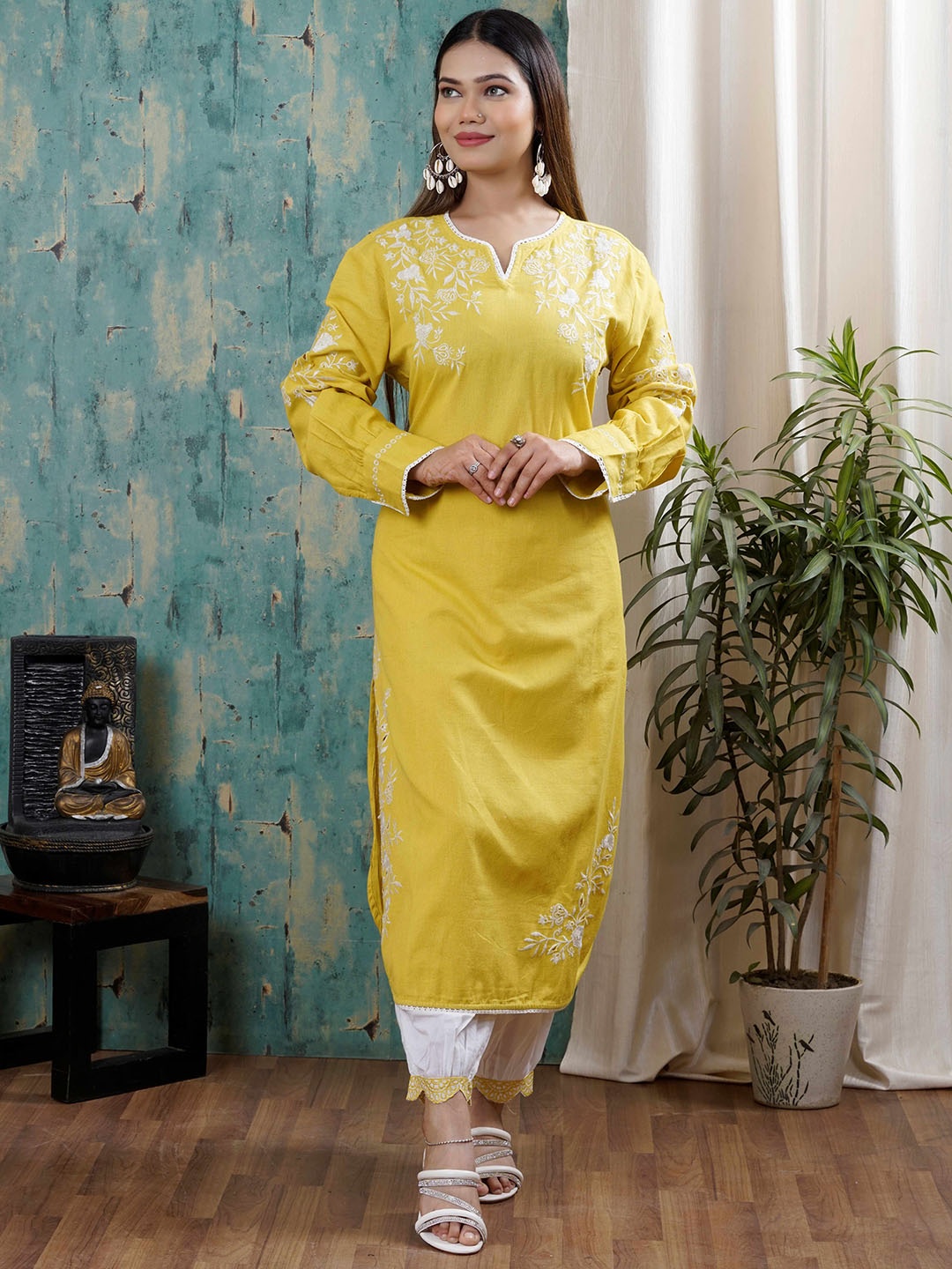 MEHNAM Embroidered Thread Work Long Sleeves Straight Cotton Linen Kurta With Trousers, Yellow
MEHNAM Embroidered Thread Work Long Sleeves Straight Cotton Linen Kurta With Trousers, Yellow