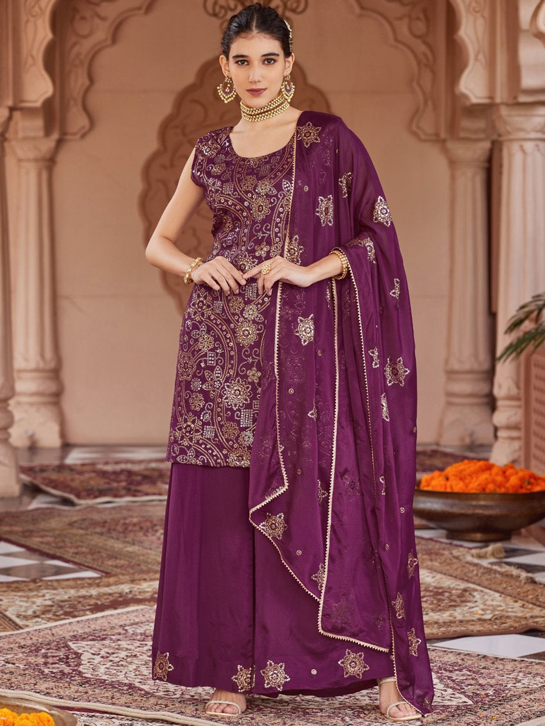 WOMEN PLUS Women Embroidered High Slit Sequinned Kurta with Sharara & With Dupatta, Purple
WOMEN PLUS Women Embroidered High Slit Sequinned Kurta with Sharara & With Dupatta, Purple