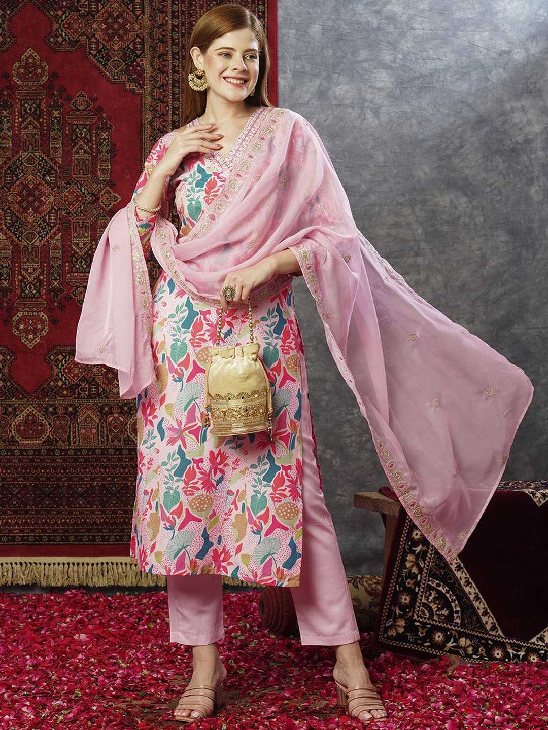 Anni Designer Floral Printed V-Neck Straight Kurta With Trousers & Sequinned Dupatta, Pink
Anni Designer Floral Printed V-Neck Straight Kurta With Trousers & Sequinned Dupatta, Pink
