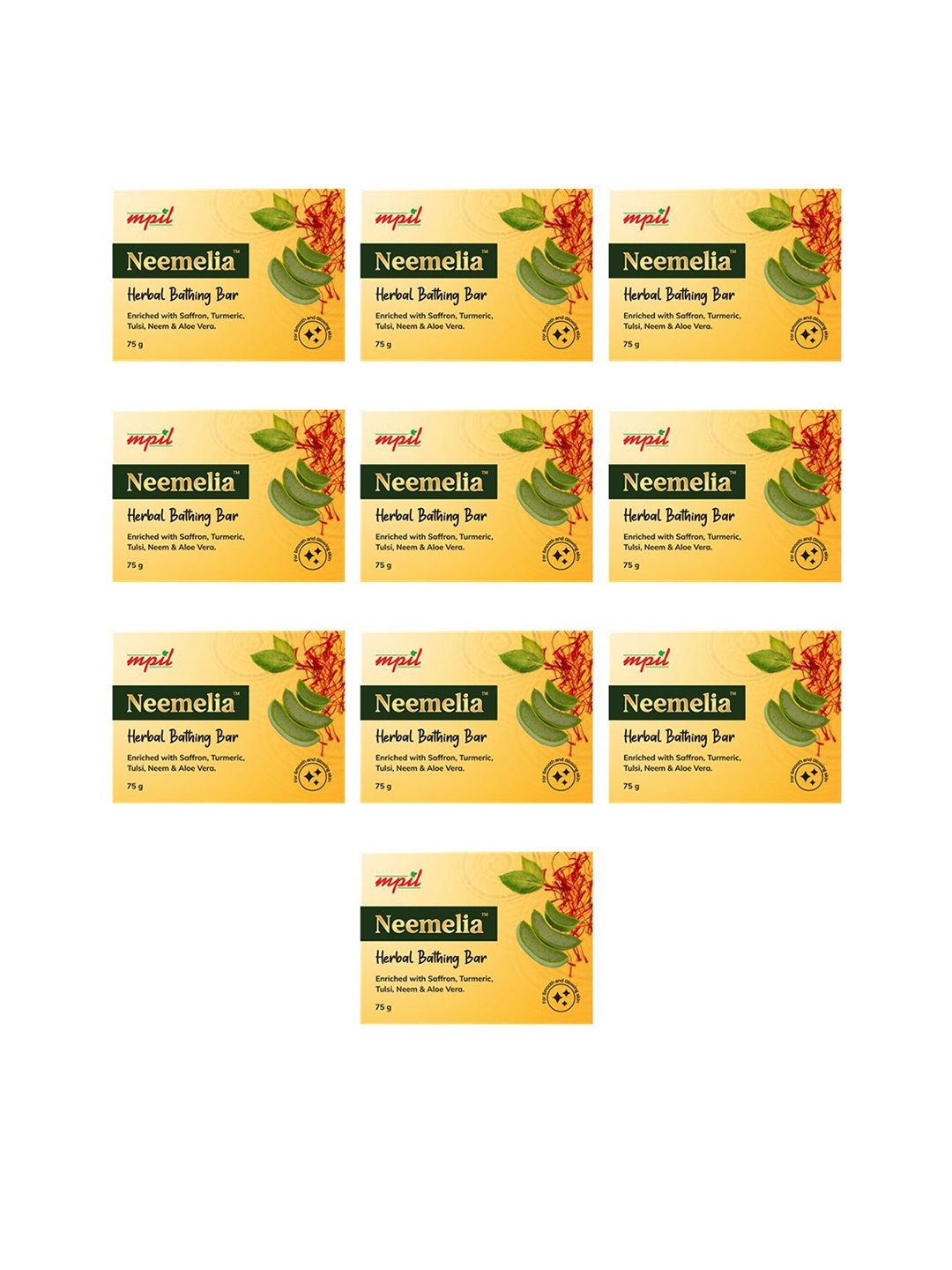 MPIL WELLNESS Neemelia Set Of 10 Herbal Bathing Bar with Turmeric & Tulsi - 75g Each, Yellow
MPIL WELLNESS Neemelia Set Of 10 Herbal Bathing Bar with Turmeric & Tulsi - 75g Each, Yellow