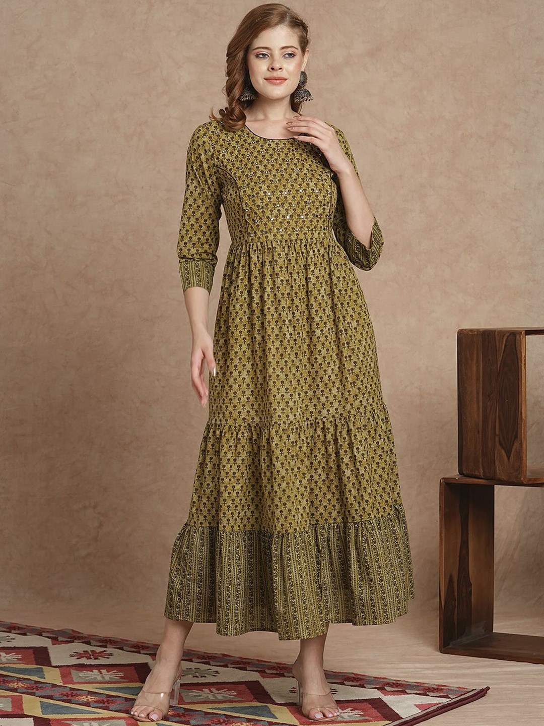 INDYES Ethnic Motifs Printed Round Neck Tiering Mirror Work Pure Cotton Anarkali Kurta, Mustard
INDYES Ethnic Motifs Printed Round Neck Tiering Mirror Work Pure Cotton Anarkali Kurta, Mustard
