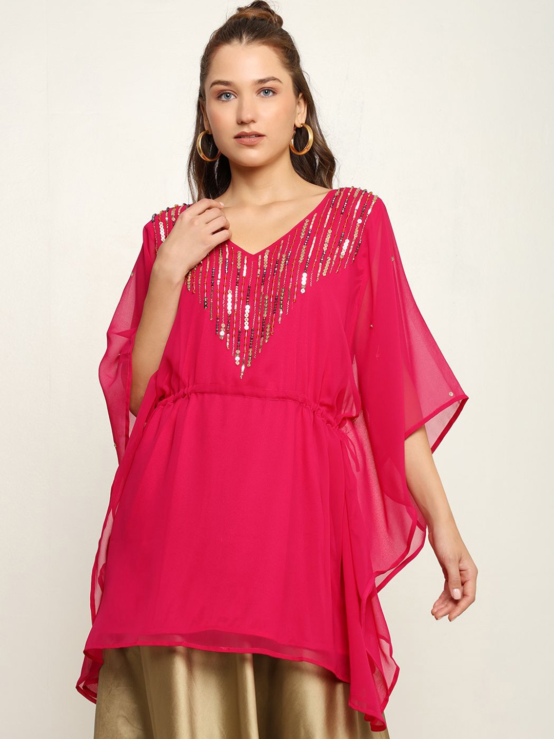 CRAFTBAZAR Embellished V-Neck Flared Sleeves Gotta Patti Gotta Patti Kaftan Kurti, Pink
CRAFTBAZAR Embellished V-Neck Flared Sleeves Gotta Patti Gotta Patti Kaftan Kurti, Pink