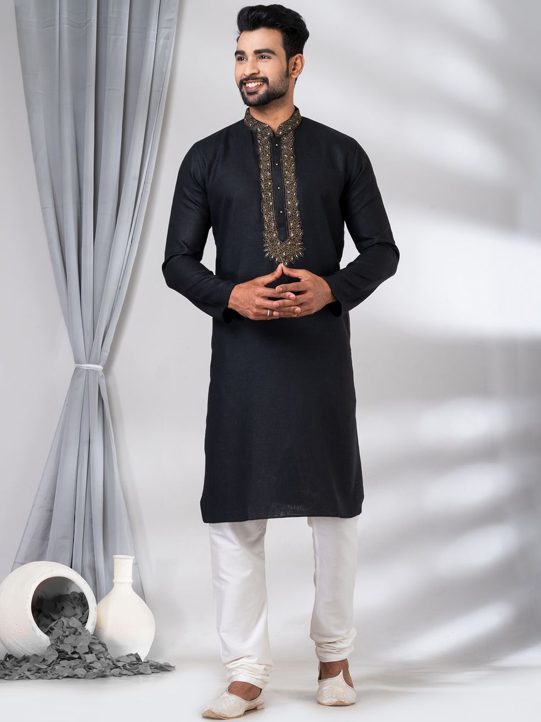 HU - Handcrafted Uniquely Ethnic Motifs Mandarin Collar Cotton Straight Kurta & Churidar, Black
HU - Handcrafted Uniquely Ethnic Motifs Mandarin Collar Cotton Straight Kurta & Churidar, Black