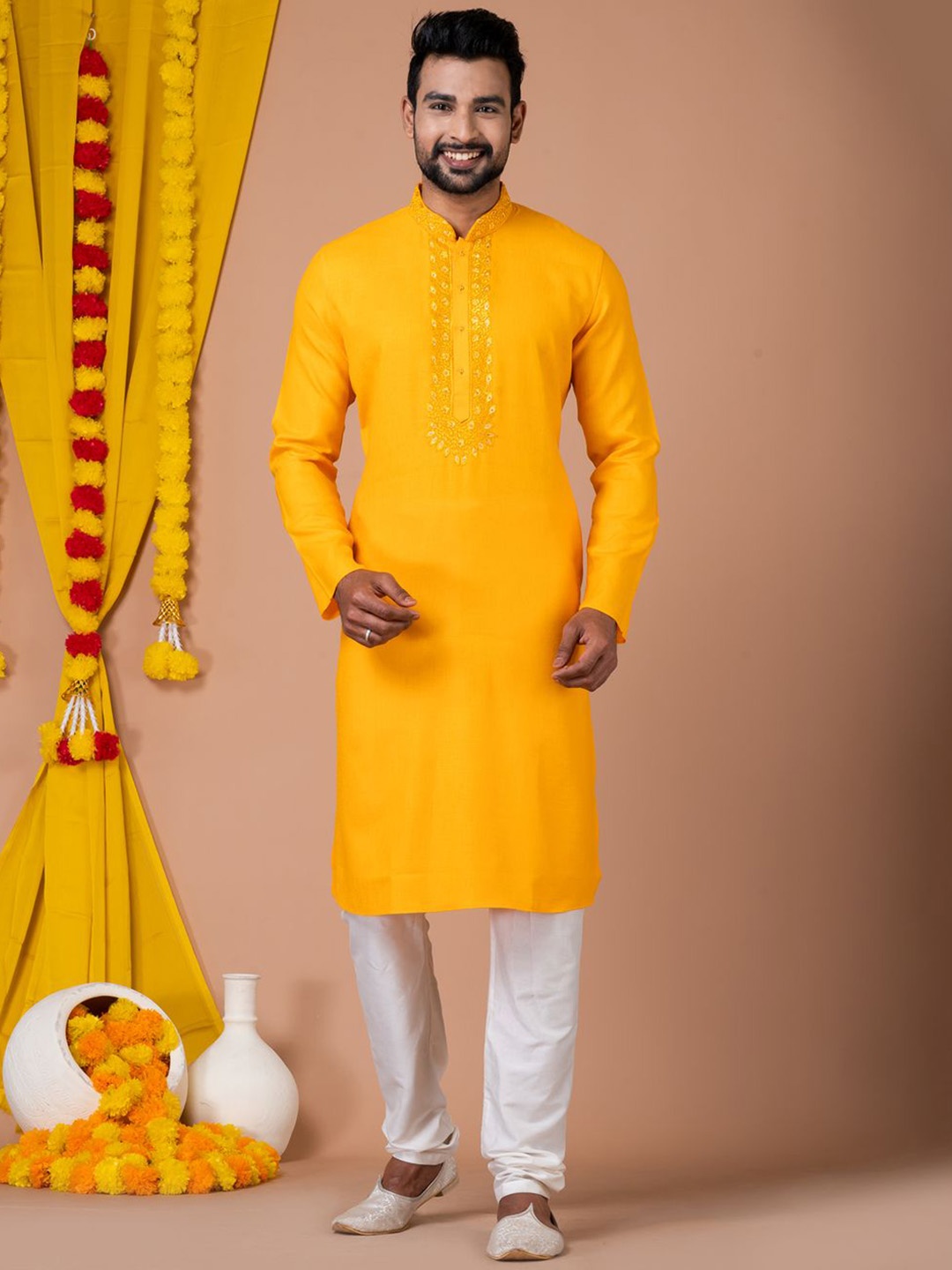 HU - Handcrafted Uniquely Floral Yoke Design Thread Work Pure Cotton Kurta With Pyjamas, Yellow
HU - Handcrafted Uniquely Floral Yoke Design Thread Work Pure Cotton Kurta With Pyjamas, Yellow
