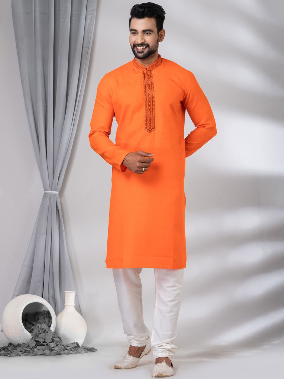 HU - Handcrafted Uniquely Floral Embroided Yoke Design Straight Kurta with Pyjamas, Orange
HU - Handcrafted Uniquely Floral Embroided Yoke Design Straight Kurta with Pyjamas, Orange