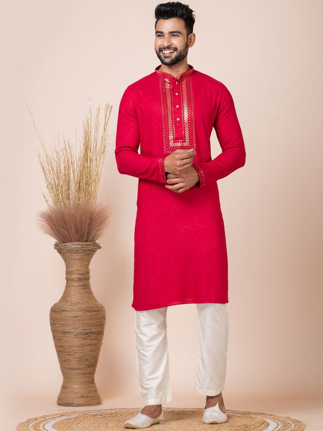 HU - Handcrafted Uniquely Geometric Yoke Design Sequinned Pure Cotton Kurta With Pyjamas, Red
HU - Handcrafted Uniquely Geometric Yoke Design Sequinned Pure Cotton Kurta With Pyjamas, Red