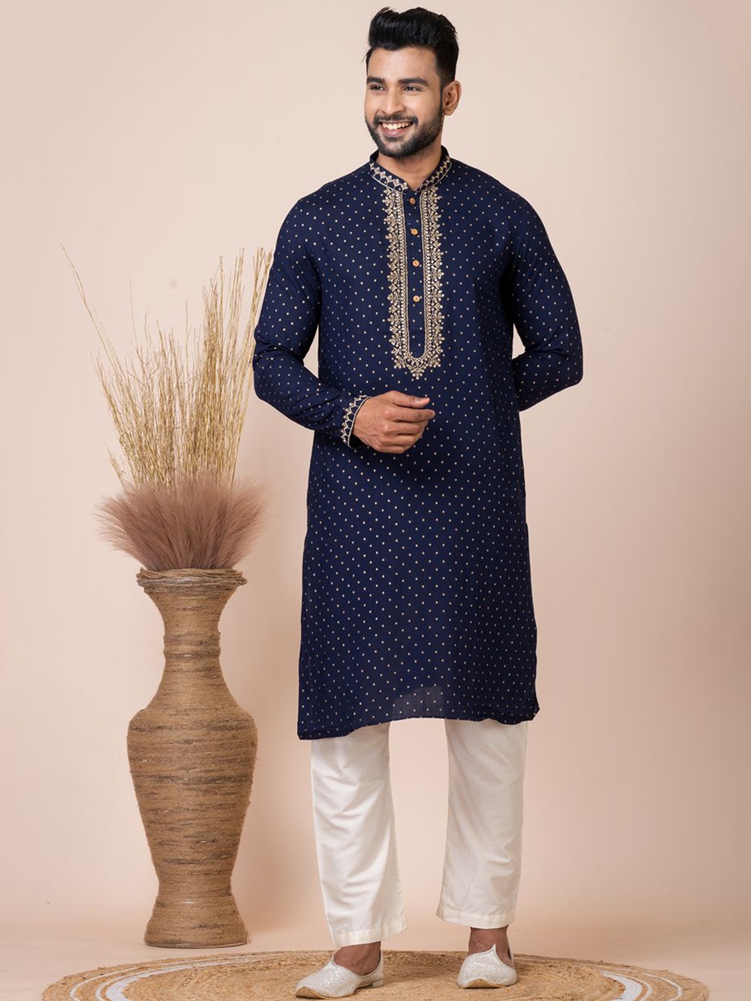HU - Handcrafted Uniquely Floral Yoke Design Mandarin Collar Pure Cotton Kurta & Pyjamas, Navy blue
HU - Handcrafted Uniquely Floral Yoke Design Mandarin Collar Pure Cotton Kurta & Pyjamas, Navy blue