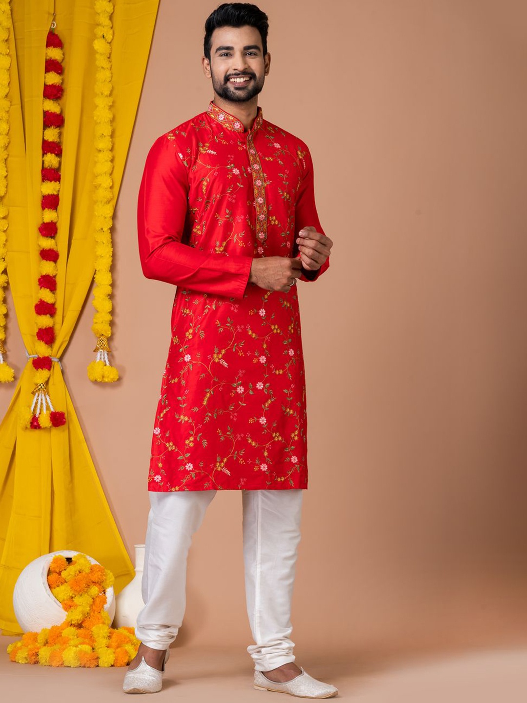 HU - Handcrafted Uniquely Floral Embroidered Mandarin Collar Kurta with Pyjamas, Red
HU - Handcrafted Uniquely Floral Embroidered Mandarin Collar Kurta with Pyjamas, Red