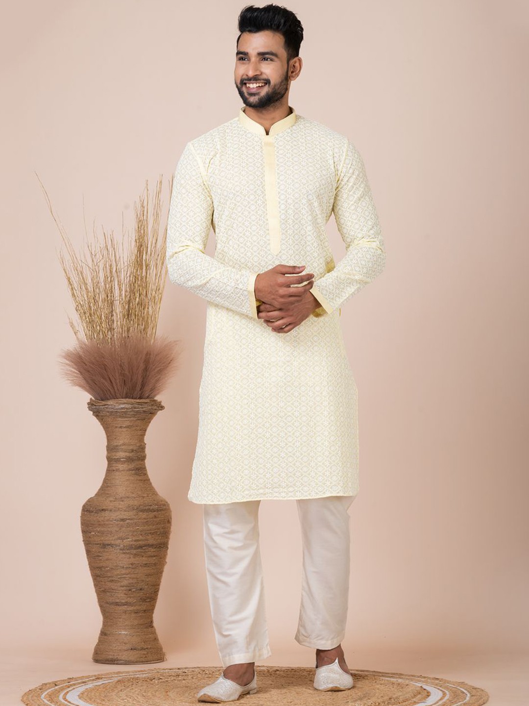 HU - Handcrafted Uniquely Floral Embroidered Mandarin Collar Straight Kurta with Pyjamas, Yellow
HU - Handcrafted Uniquely Floral Embroidered Mandarin Collar Straight Kurta with Pyjamas, Yellow
