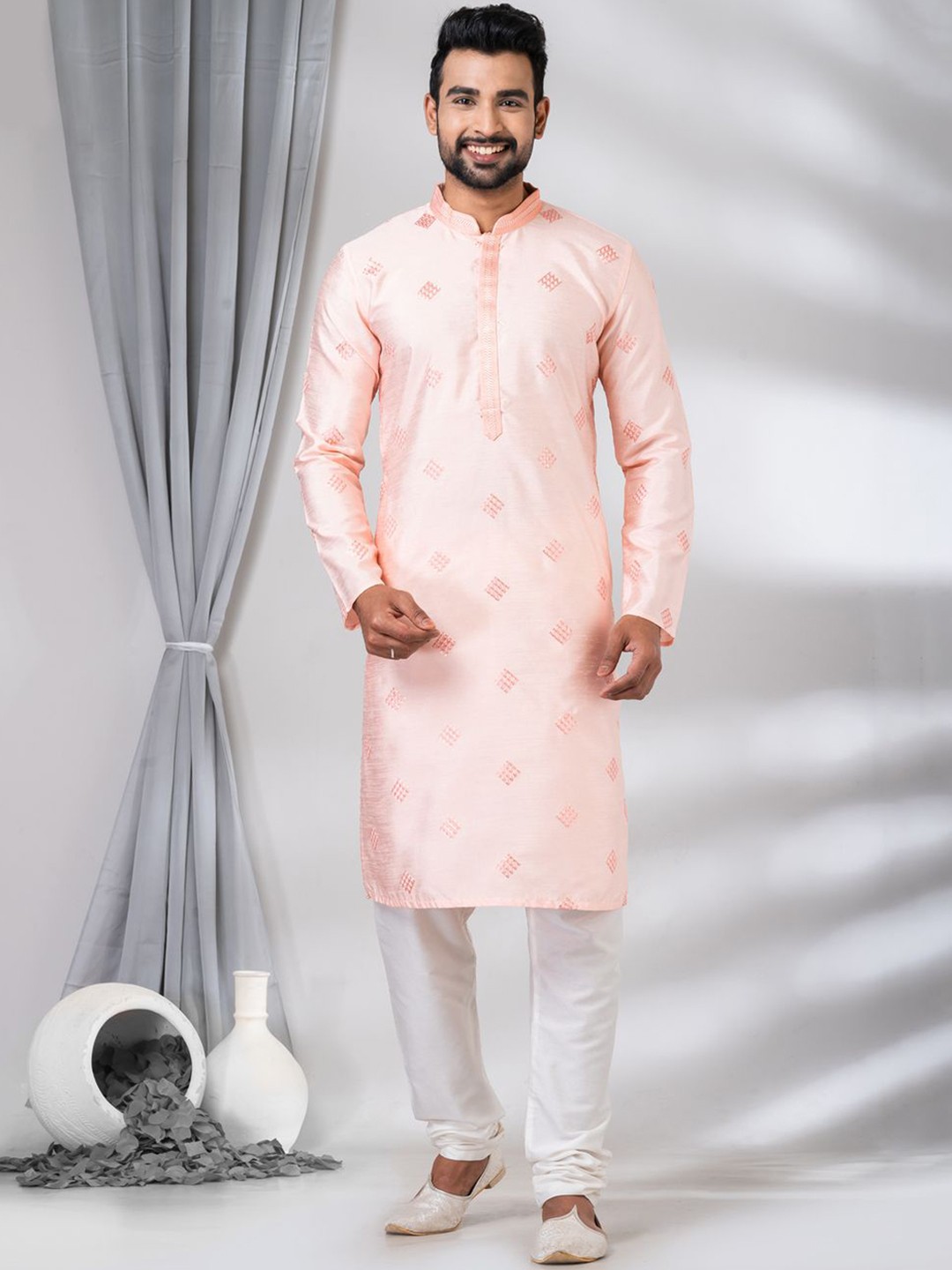 HU - Handcrafted Uniquely Geometric Mandarin Collar Cotton Silk Straight Kurta & Churidar, Pink