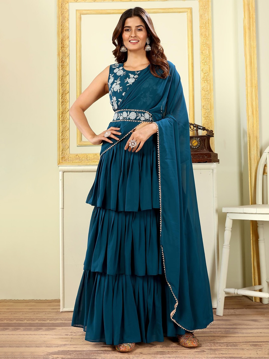 PATLANI STYLE Georgette Ready to Wear Saree with Embroidered Belt and Stitched Blouse, Blue
PATLANI STYLE Georgette Ready to Wear Saree with Embroidered Belt and Stitched Blouse, Blue