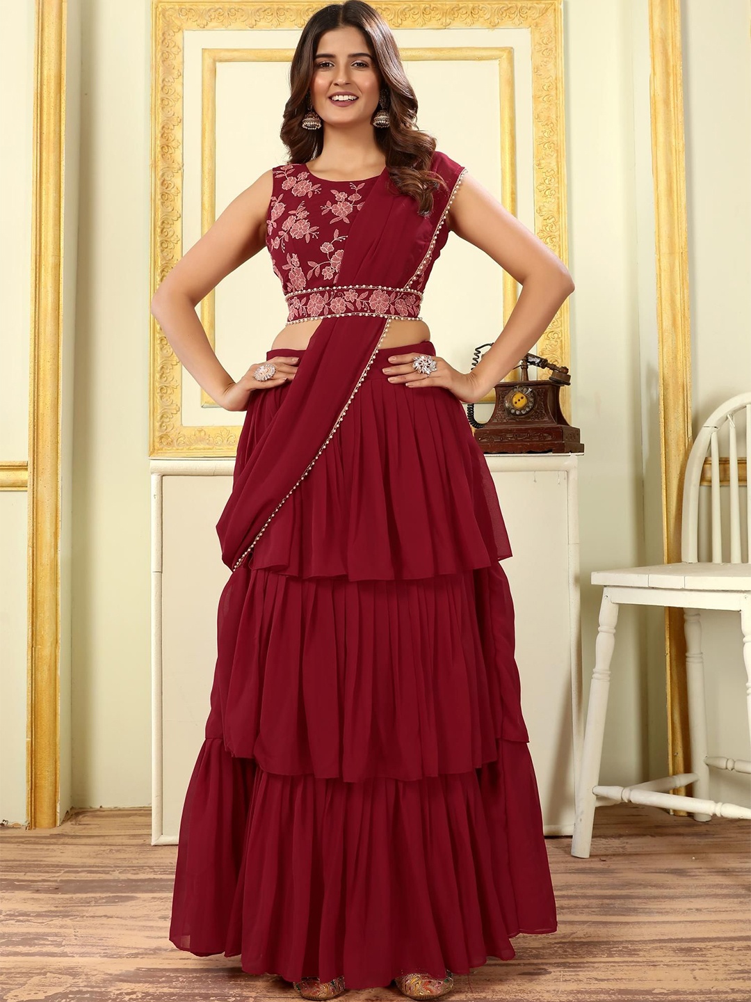 PATLANI STYLE Georgette Ready to Wear Saree with Embroidered Belt and Stitched Blouse, Maroon
PATLANI STYLE Georgette Ready to Wear Saree with Embroidered Belt and Stitched Blouse, Maroon