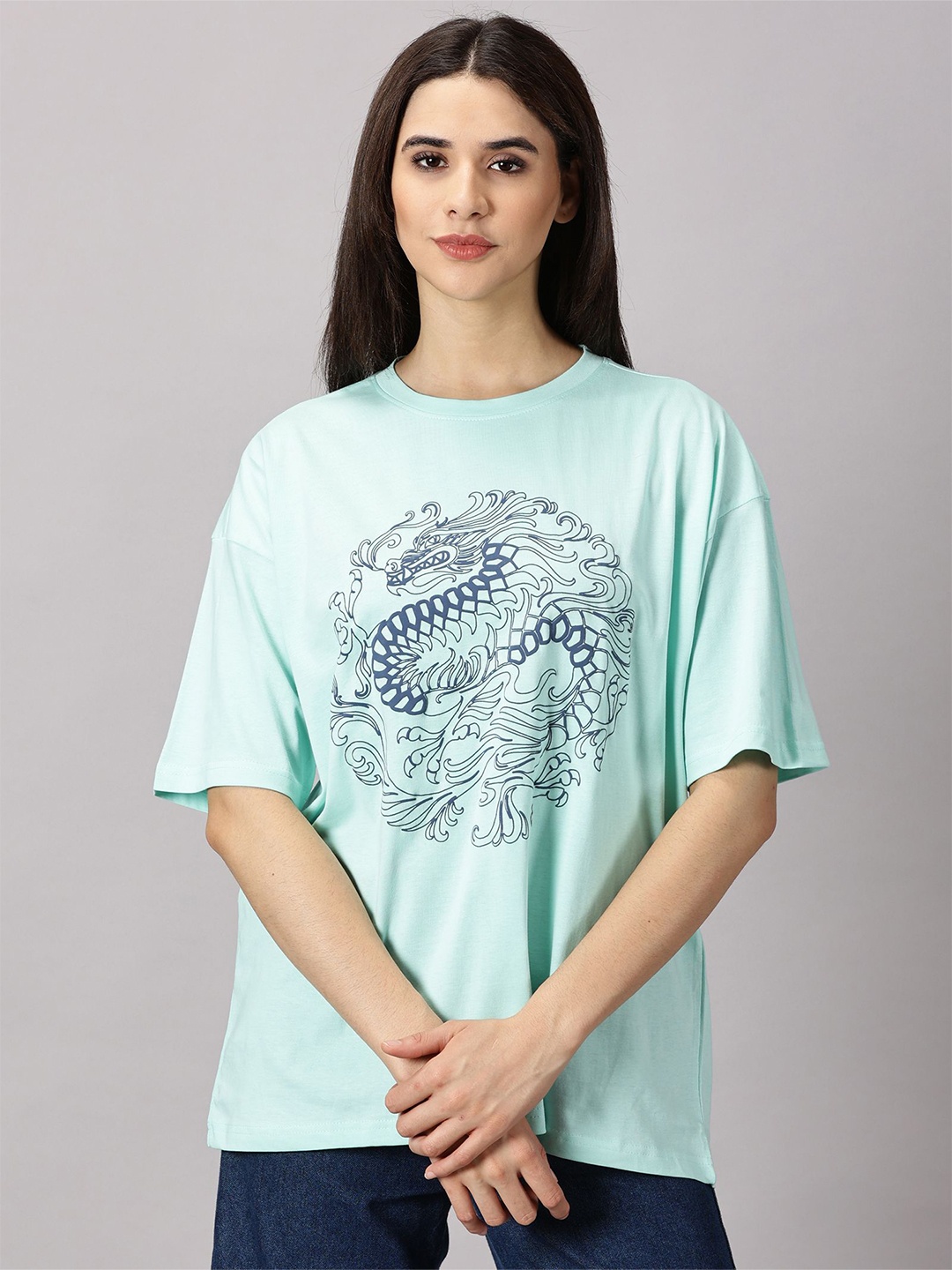 THE HOLLANDER Women Graphic Printed Cotton Drop-Shoulder Sleeves Oversized T-shirt, Sea green
THE HOLLANDER Women Graphic Printed Cotton Drop-Shoulder Sleeves Oversized T-shirt, Sea green
