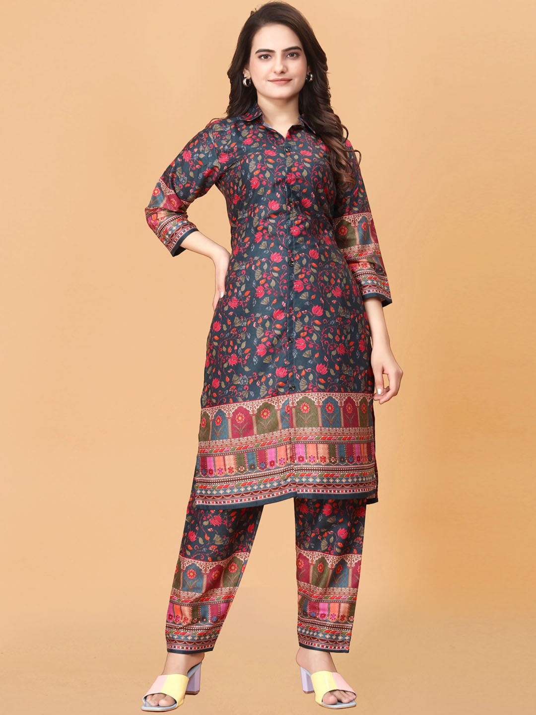 Siya Fashion Floral Printed Shirt Collar Panelled Straight Kurta with Trousers, Black
Siya Fashion Floral Printed Shirt Collar Panelled Straight Kurta with Trousers, Black
