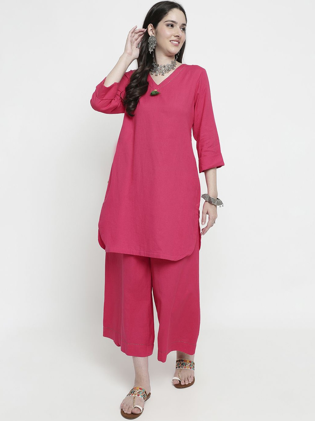aayusika V-Neck Three-Quarter Sleeves Pure Cotton Tunic With Palazzos, Pink
aayusika V-Neck Three-Quarter Sleeves Pure Cotton Tunic With Palazzos, Pink