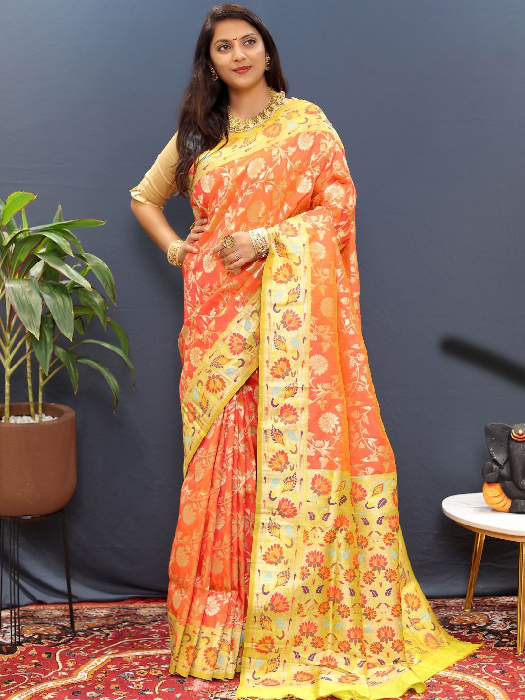 SGF11 Woven Design Pure Zari Heavy Work Paithani Kanjeevaram Silk Saree, Orange
SGF11 Woven Design Pure Zari Heavy Work Paithani Kanjeevaram Silk Saree, Orange