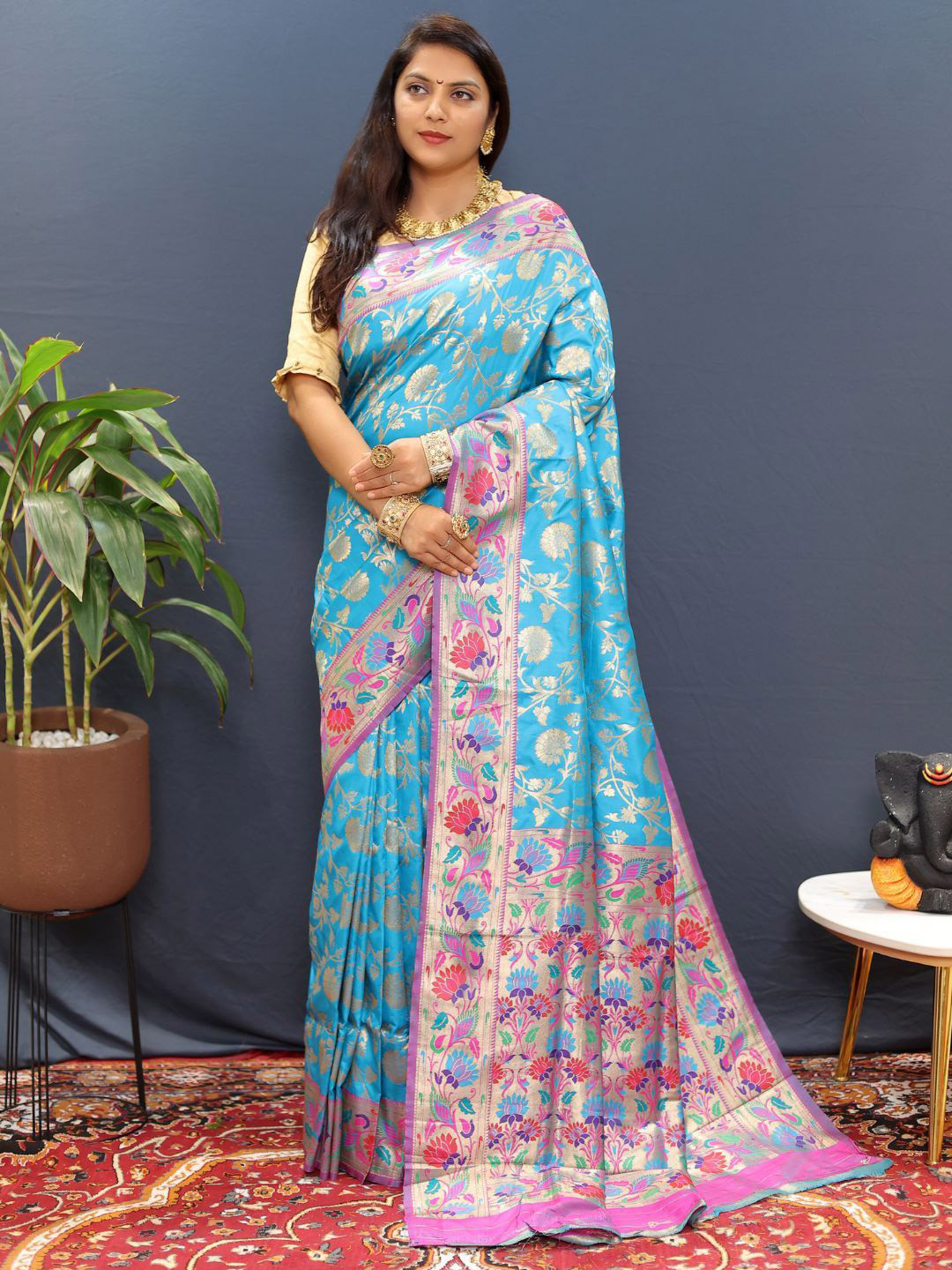 SGF11 Woven Design Pure Zari Heavy Work Paithani Kanjeevaram Silk Saree, Blue
SGF11 Woven Design Pure Zari Heavy Work Paithani Kanjeevaram Silk Saree, Blue