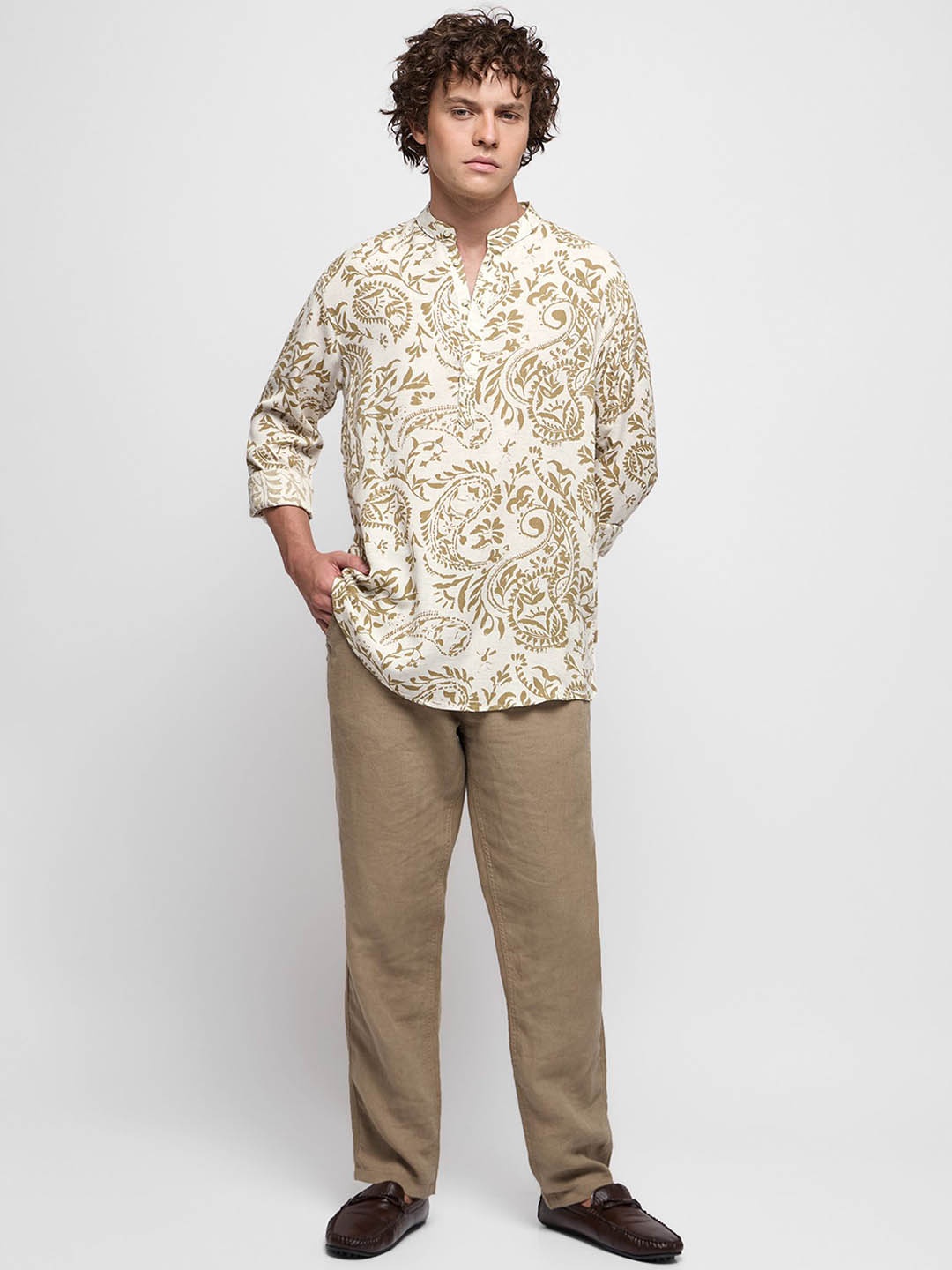 Red Flame Ethnic Motifs Printed Band Collar Roll-Up Sleeves Pure Cotton Kurta, Khaki
Red Flame Ethnic Motifs Printed Band Collar Roll-Up Sleeves Pure Cotton Kurta, Khaki