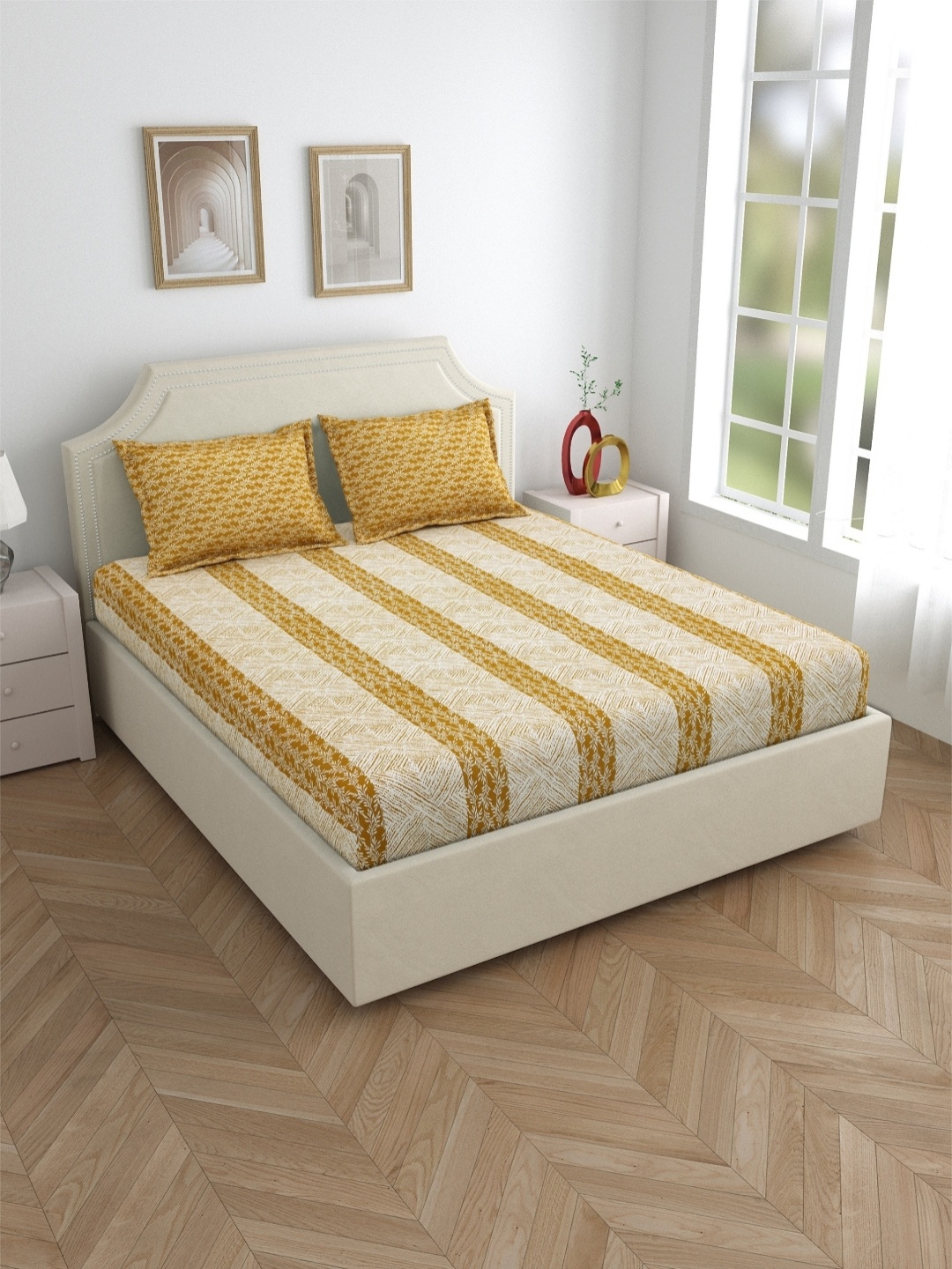Salona Bichona Mustard Floral Cotton Fitted 120 TC Double King Bedsheet & 2 Pillow Covers
Salona Bichona Mustard Floral Cotton Fitted 120 TC Double King Bedsheet & 2 Pillow Covers