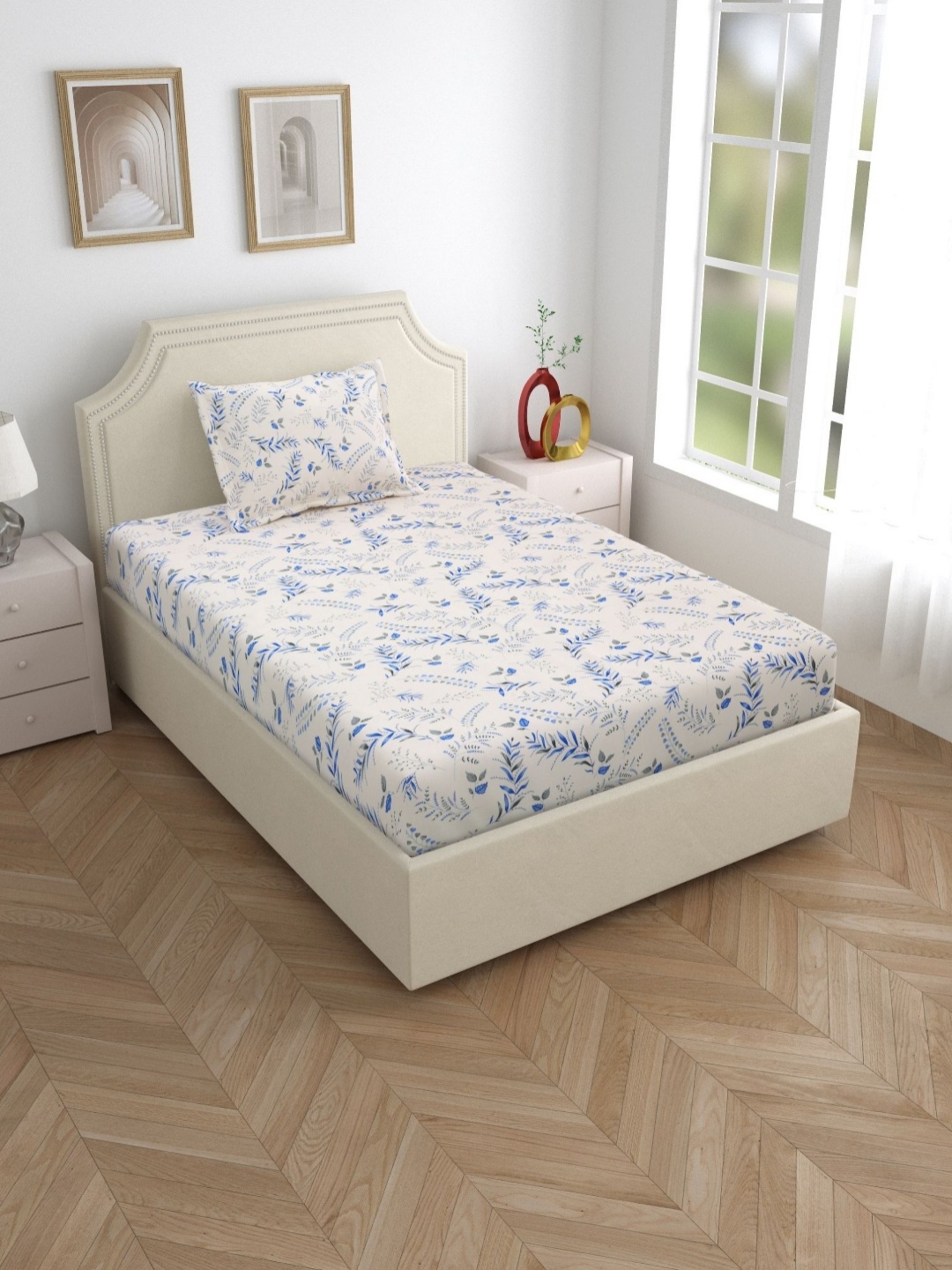 Salona Bichona Off White & Blue Floral Cotton 120 TC Single Bedsheet with 1 Pillow Covers
Salona Bichona Off White & Blue Floral Cotton 120 TC Single Bedsheet with 1 Pillow Covers