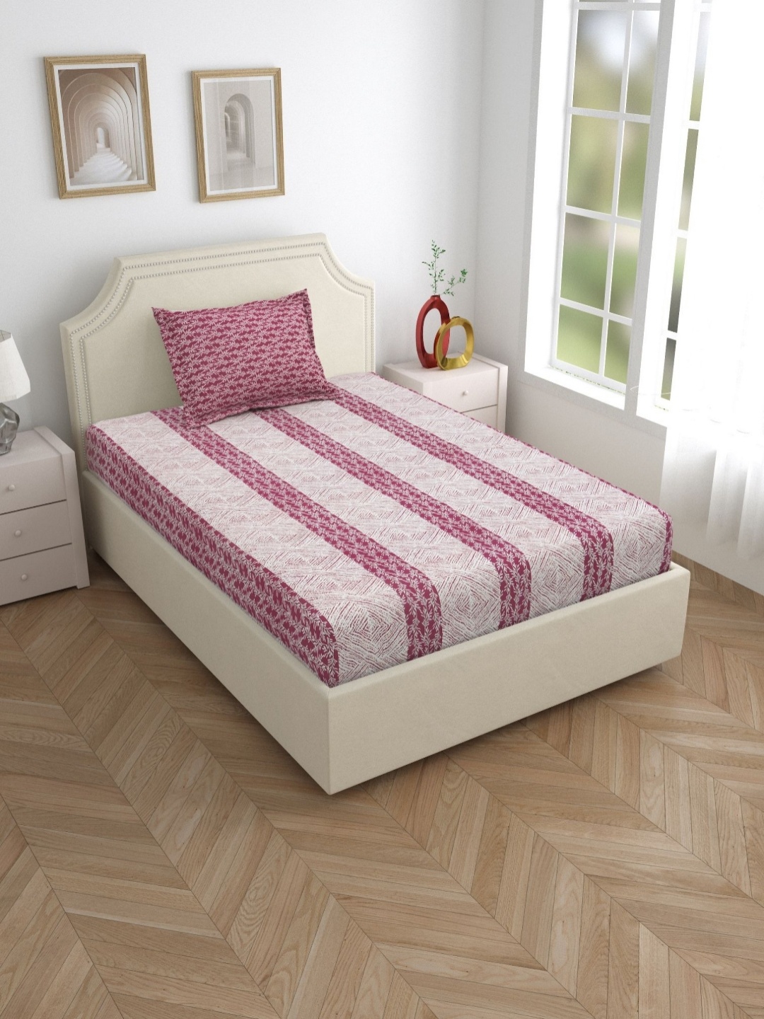 Salona Bichona White & Pink Printed 120 TC Cotton Single Bedsheet with 1 Pillow Covers
Salona Bichona White & Pink Printed 120 TC Cotton Single Bedsheet with 1 Pillow Covers