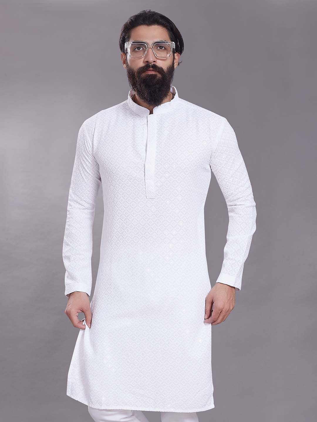 Rani Saahiba Geometric Woven Design Mandarin Collar Thread Work Straight Kurta, White
Rani Saahiba Geometric Woven Design Mandarin Collar Thread Work Straight Kurta, White