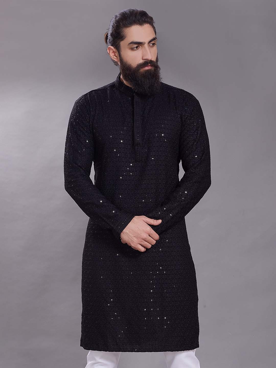 Rani Saahiba Geometric Woven Design Mandarin Collar Thread Work Straight Kurta, Black
Rani Saahiba Geometric Woven Design Mandarin Collar Thread Work Straight Kurta, Black