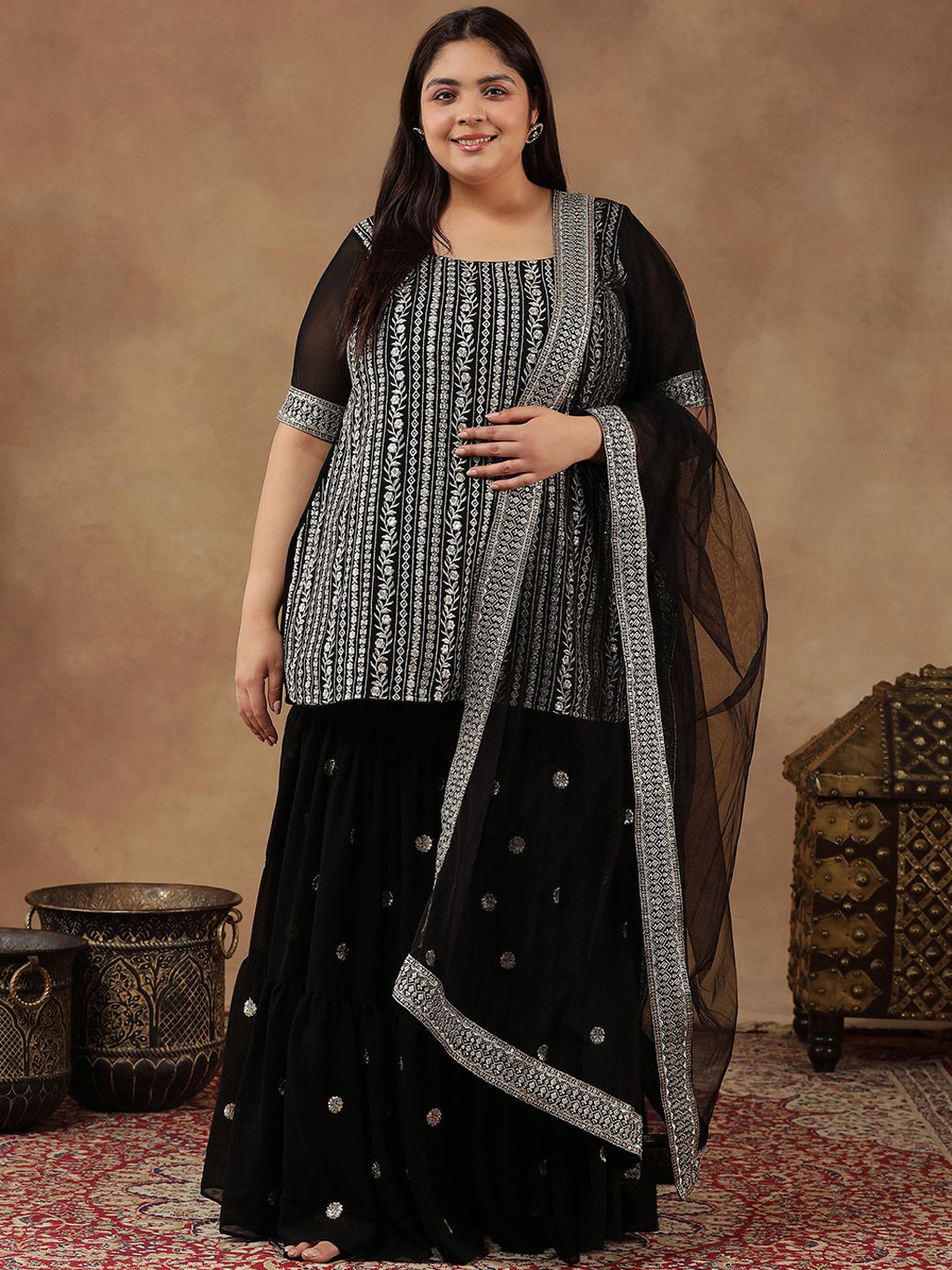 INDDUS PLUS Size Floral Embroidered Thread Work Straight Kurta With Sharara & Dupatta, Black
INDDUS PLUS Size Floral Embroidered Thread Work Straight Kurta With Sharara & Dupatta, Black