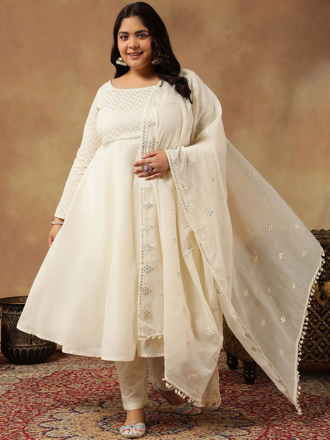 INDDUS PLUS Size Embroidered Empire Thread Work Kurta With Trousers & Dupatta, Off white
INDDUS PLUS Size Embroidered Empire Thread Work Kurta With Trousers & Dupatta, Off white