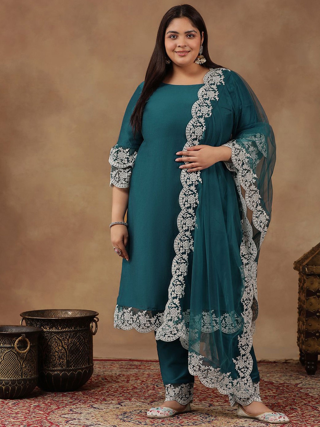 INDDUS PLUS Plus Size Floral Embroidered Thread Work Kurta With Trousers & Dupatta, Teal
INDDUS PLUS Plus Size Floral Embroidered Thread Work Kurta With Trousers & Dupatta, Teal