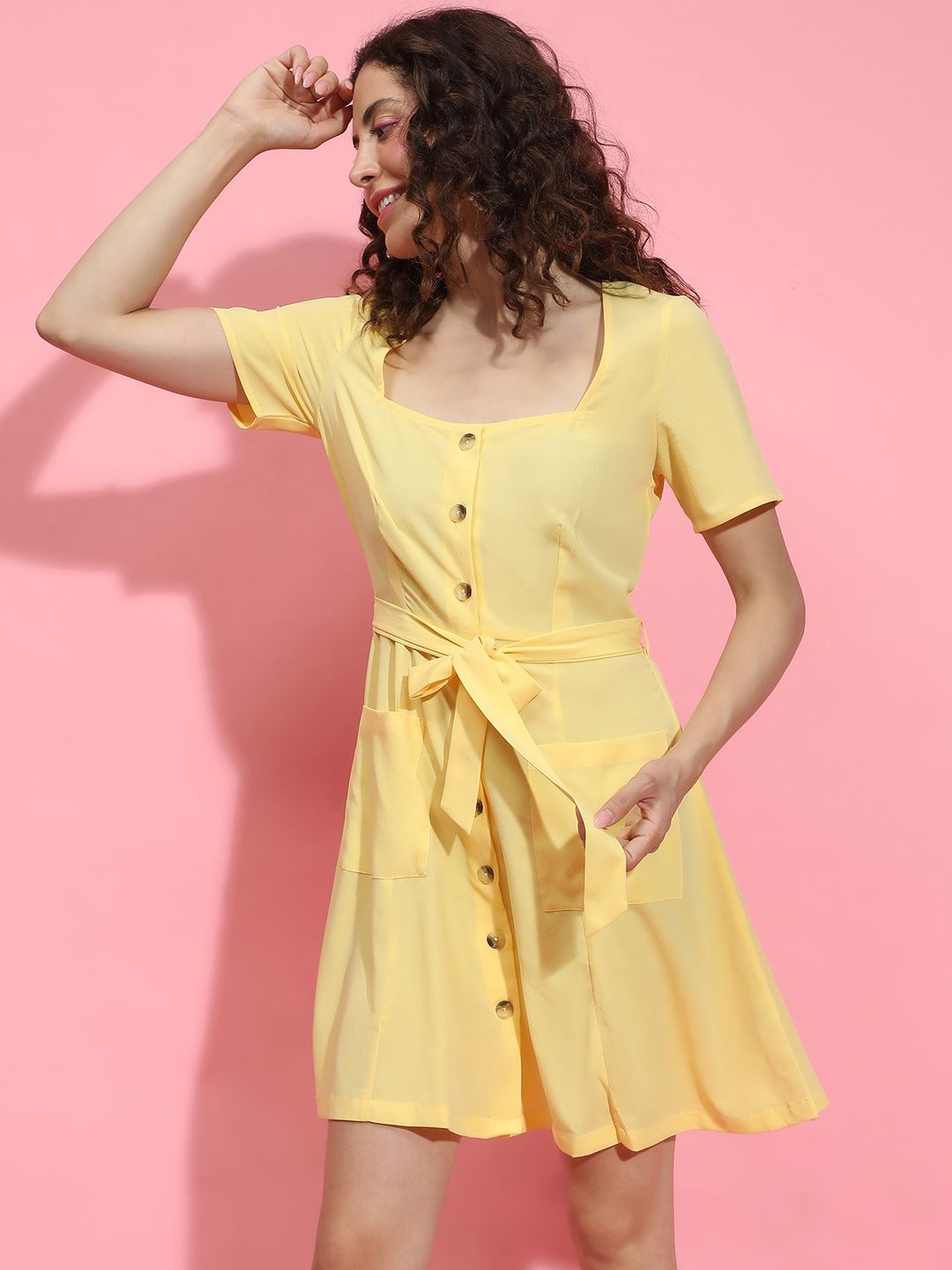 Oxolloxo Square Neck Short Sleeves Button-Down A-Line Dress With Pockets and Tie Knot, Yellow
Oxolloxo Square Neck Short Sleeves Button-Down A-Line Dress With Pockets and Tie Knot, Yellow