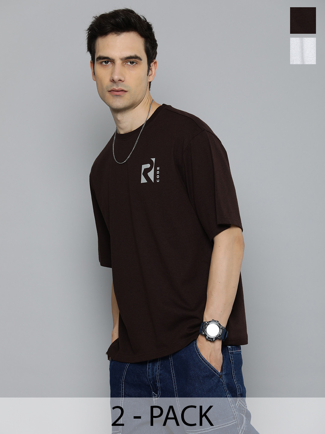 R.Code by The Roadster Life Co. Pack Of 2 Men Round Neck Short Sleeves Oversized T Shirts, Coffee brown
R.Code by The Roadster Life Co. Pack Of 2 Men Round Neck Short Sleeves Oversized T Shirts, Coffee brown