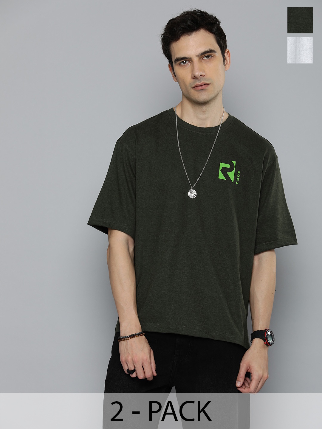 R.Code by The Roadster Life Co. Pack Of 2 Men Round Neck Short Sleeves Oversized T Shirts, Olive
R.Code by The Roadster Life Co. Pack Of 2 Men Round Neck Short Sleeves Oversized T Shirts, Olive