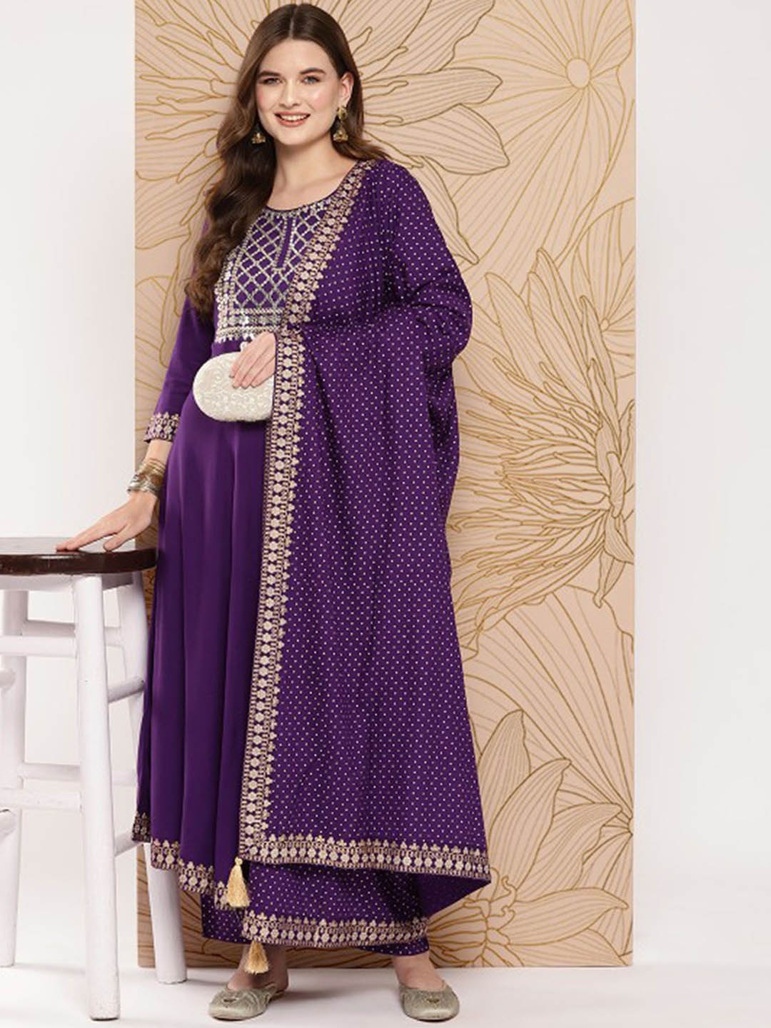 N N ENTERPRISE Ethnic Motifs Embroidered Empire Anarkali Kurta With Pyjamas & Dupatta, Purple
N N ENTERPRISE Ethnic Motifs Embroidered Empire Anarkali Kurta With Pyjamas & Dupatta, Purple