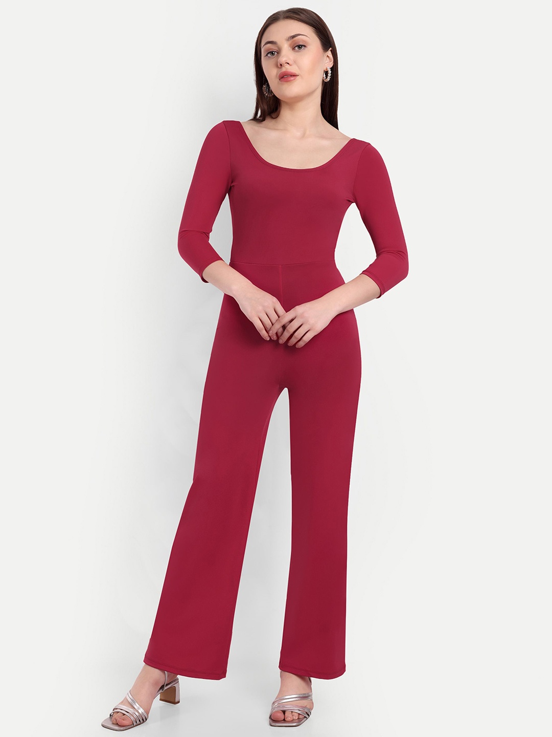 So What Round Neck Basic Jumpsuit, Red