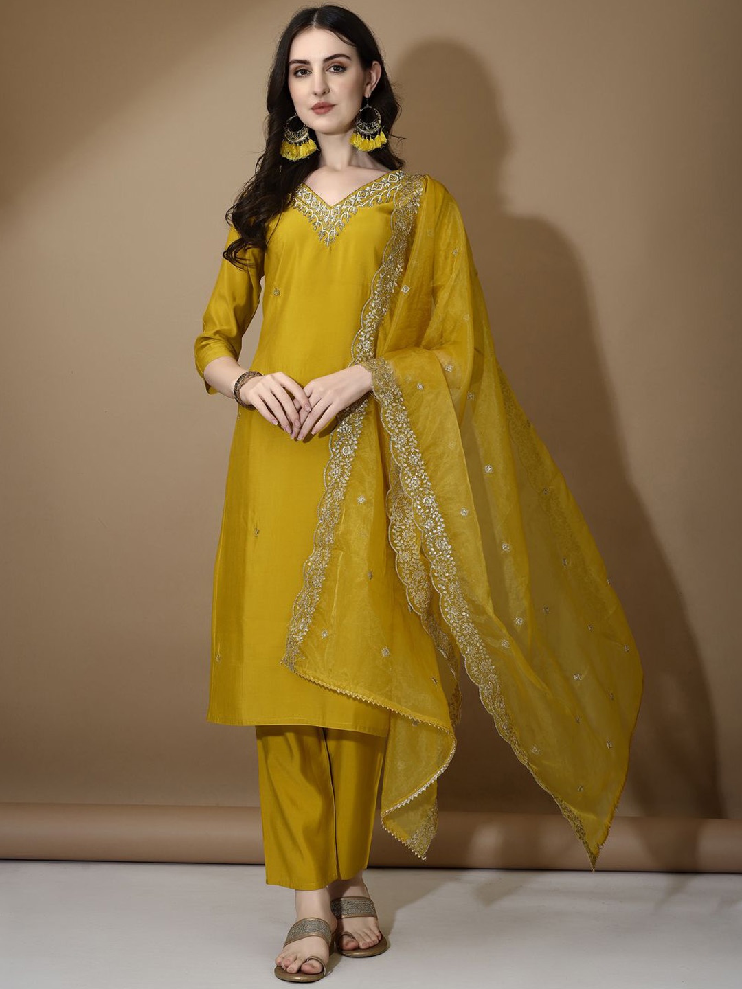 KALINI Floral Embroidered Regular Chanderi Cotton Kurta with Trousers & Dupatta, Mustard
KALINI Floral Embroidered Regular Chanderi Cotton Kurta with Trousers & Dupatta, Mustard