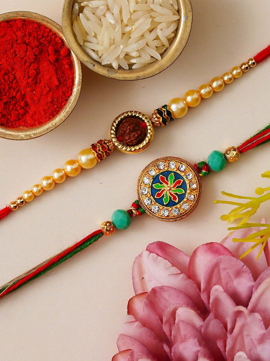 eCraftIndia Set Of 2 Floral Rudraksha Stone Studded & Beaded Rakhis With Roli Chawal, Green
eCraftIndia Set Of 2 Floral Rudraksha Stone Studded & Beaded Rakhis With Roli Chawal, Green