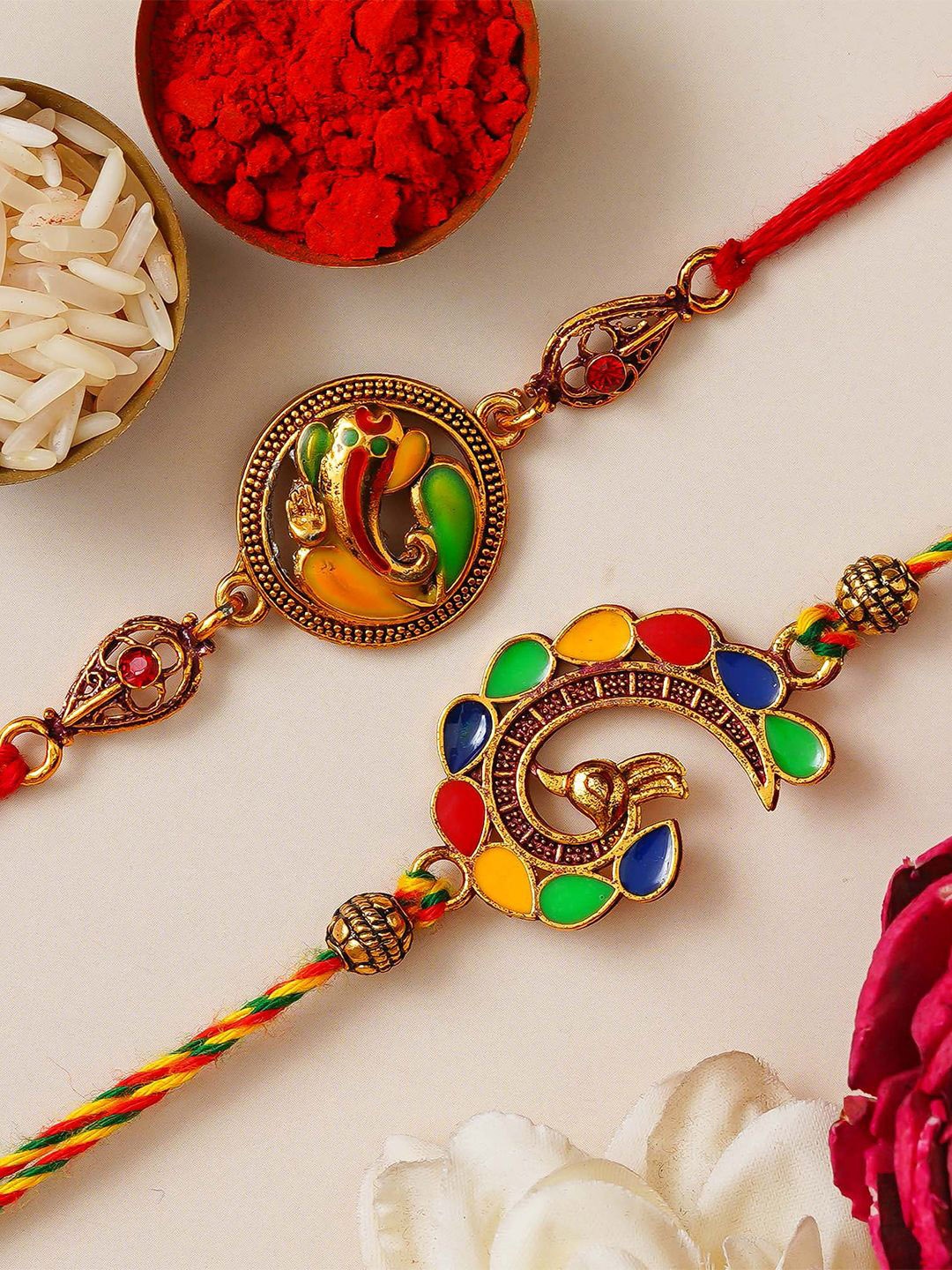 eCraftIndia Set of 2 Lord Ganesha Peacock Designer Thread Rakhis with Roli Chawal, Red
eCraftIndia Set of 2 Lord Ganesha Peacock Designer Thread Rakhis with Roli Chawal, Red