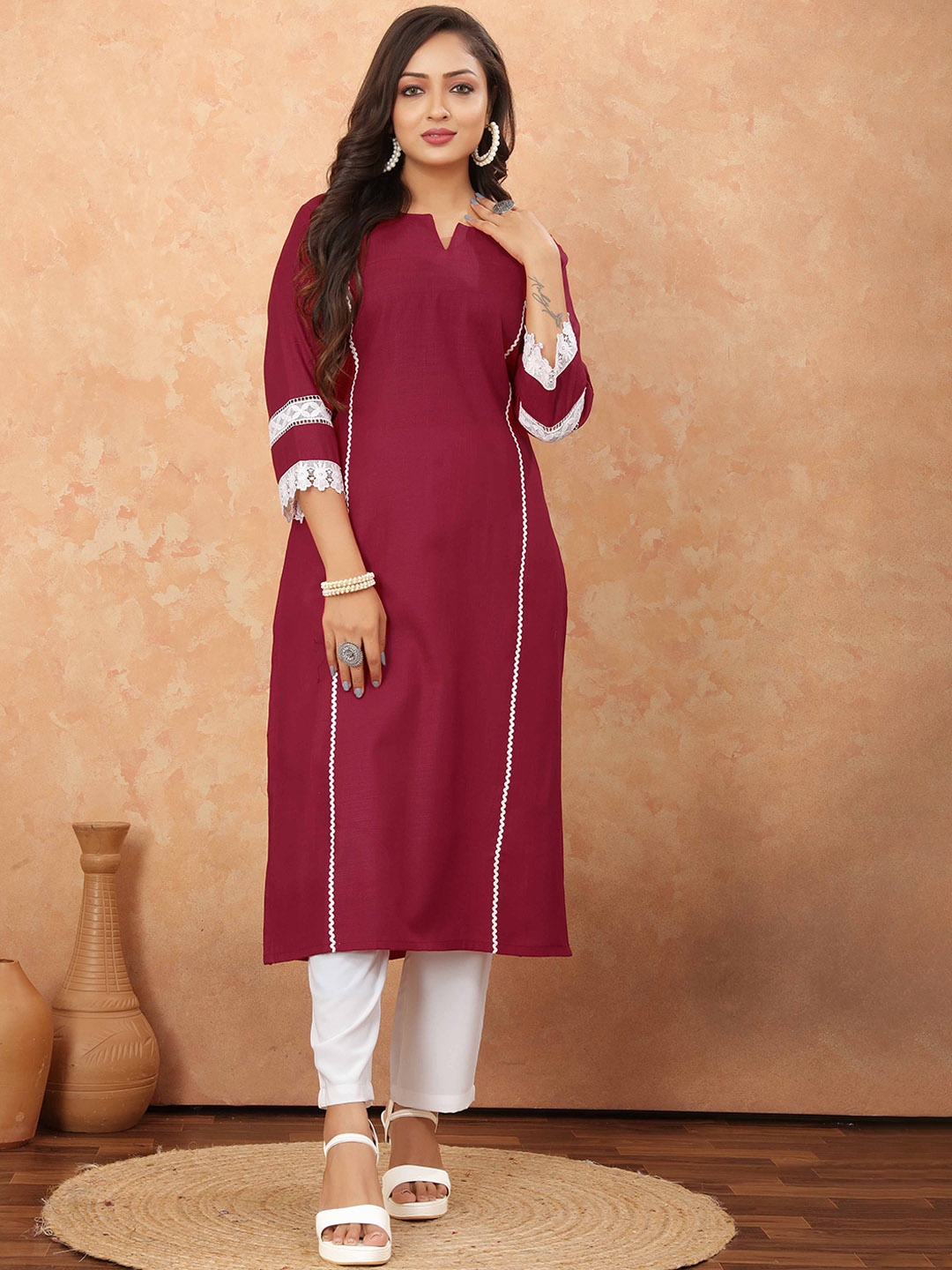 Odd By Poshaak Notch Neck Thread Work Pure Cotton Straight Kurta with Trousers, Maroon
Odd By Poshaak Notch Neck Thread Work Pure Cotton Straight Kurta with Trousers, Maroon