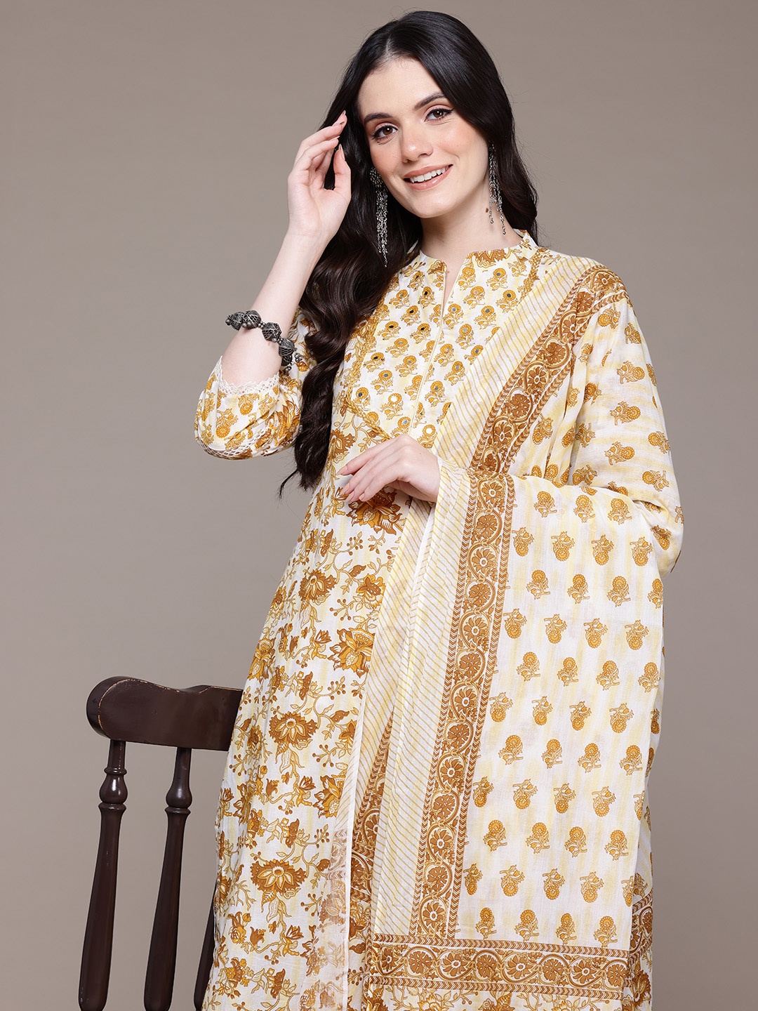 Readiprint Floral Printed Mirror Work Pure Cotton Kurta with Palazzos & Dupatta, Mustard
Readiprint Floral Printed Mirror Work Pure Cotton Kurta with Palazzos & Dupatta, Mustard